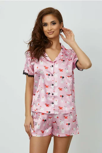 Pijama satinata roz cu imprimeuri si pantaloni scurti