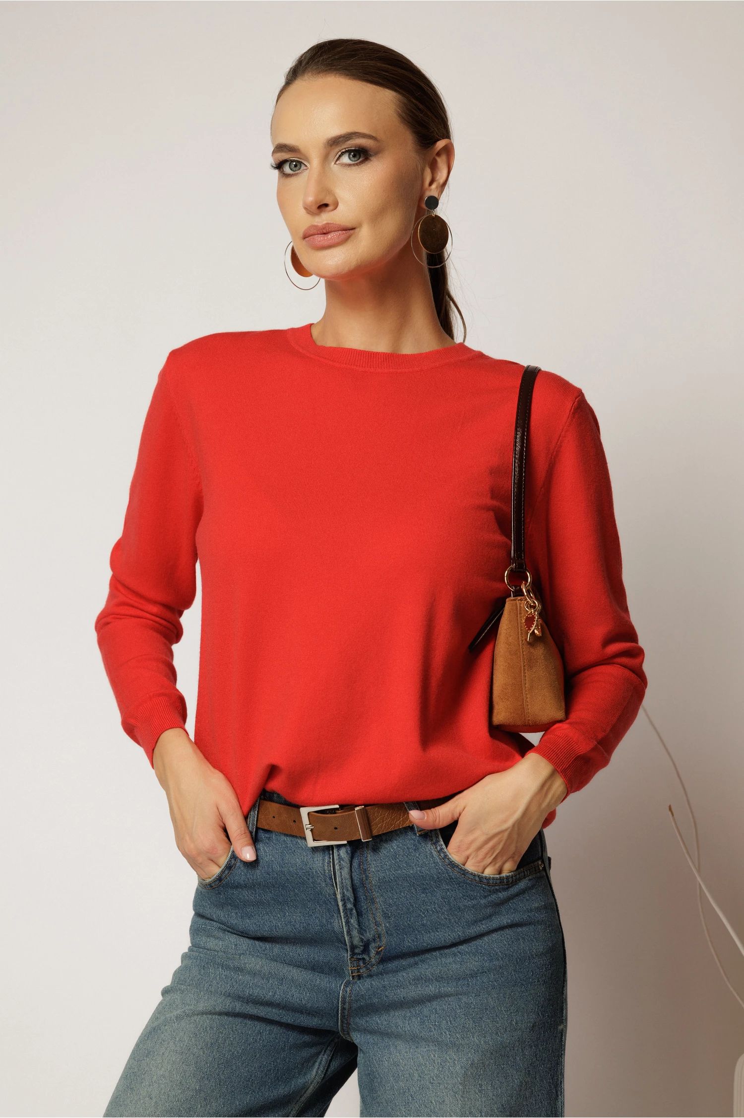 Bluza corai din tricot cu maneca lunga si decolteu rotund