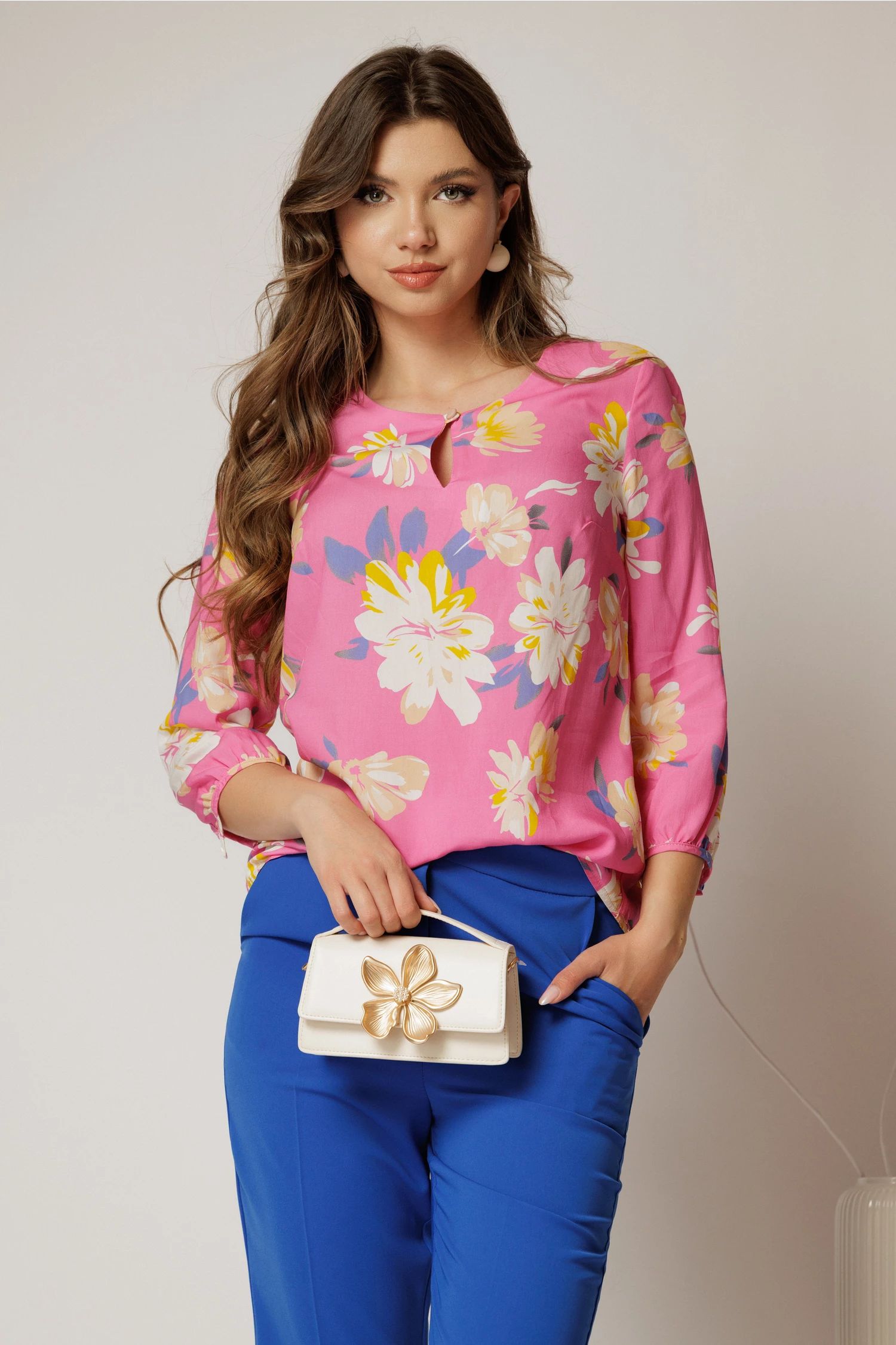 Bluza din viscoza cu imprimeu roz si galben