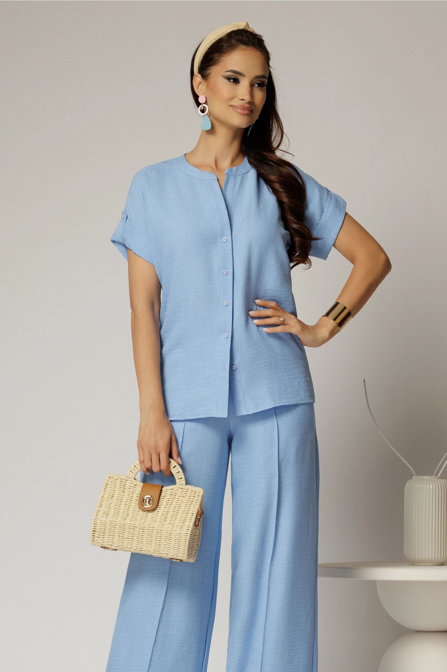 Bluza DY Fashion bleu de vara tip camasa cu guler tip tunica