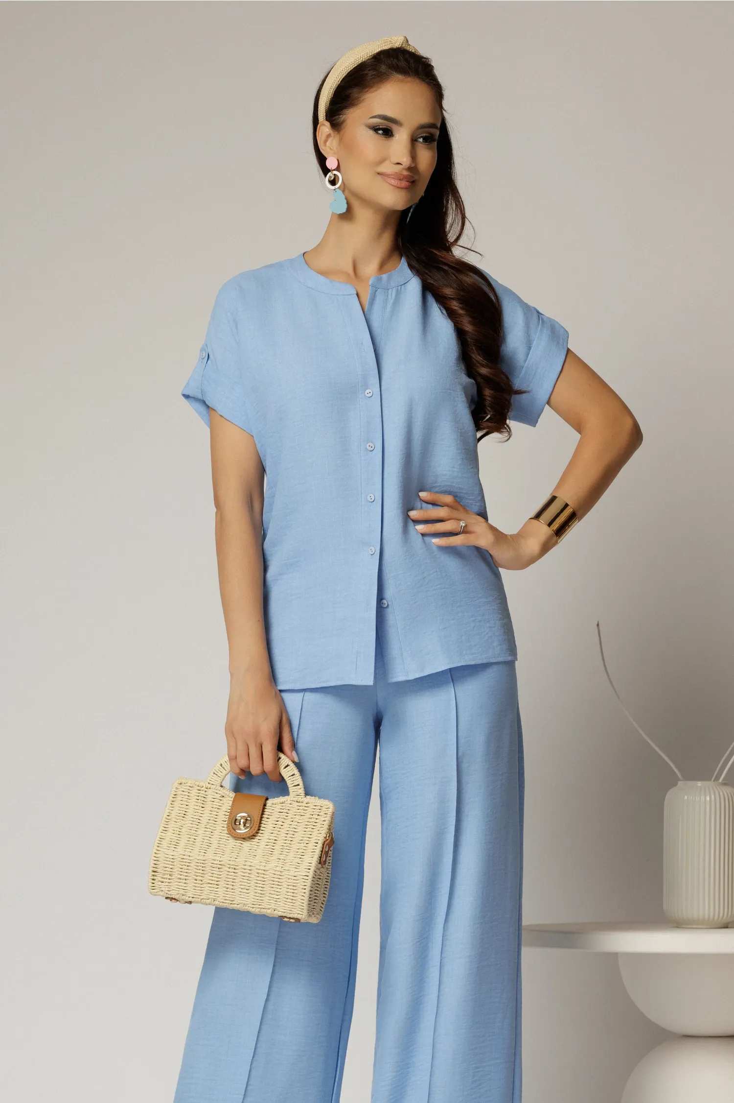 Bluza DY Fashion bleu de vara tip camasa cu guler tip tunica