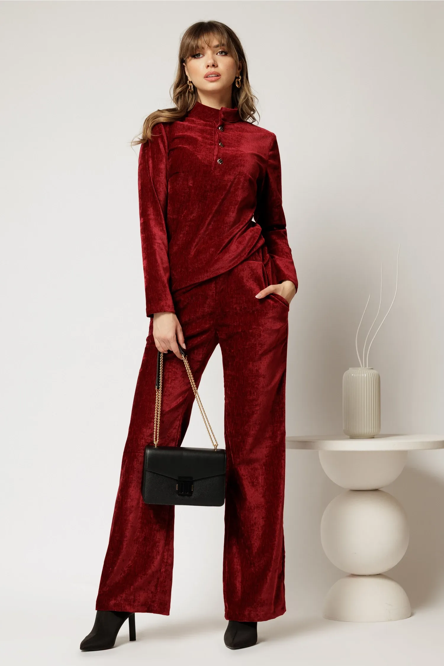 Bluza DY Fashion bordo din catifea velurata cu nasturi la bust 3