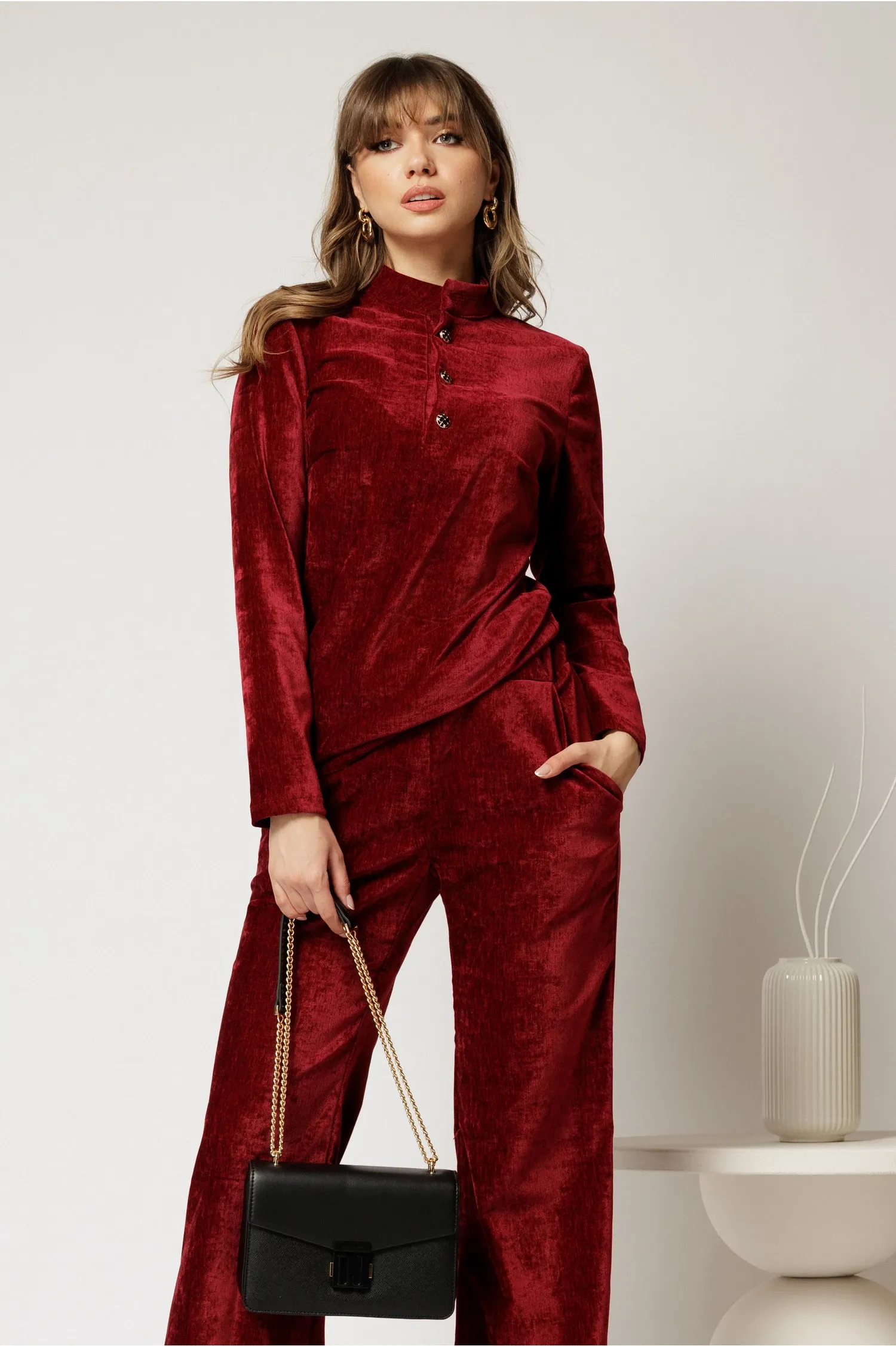 Bluza DY Fashion bordo din catifea velurata cu nasturi la bust 1