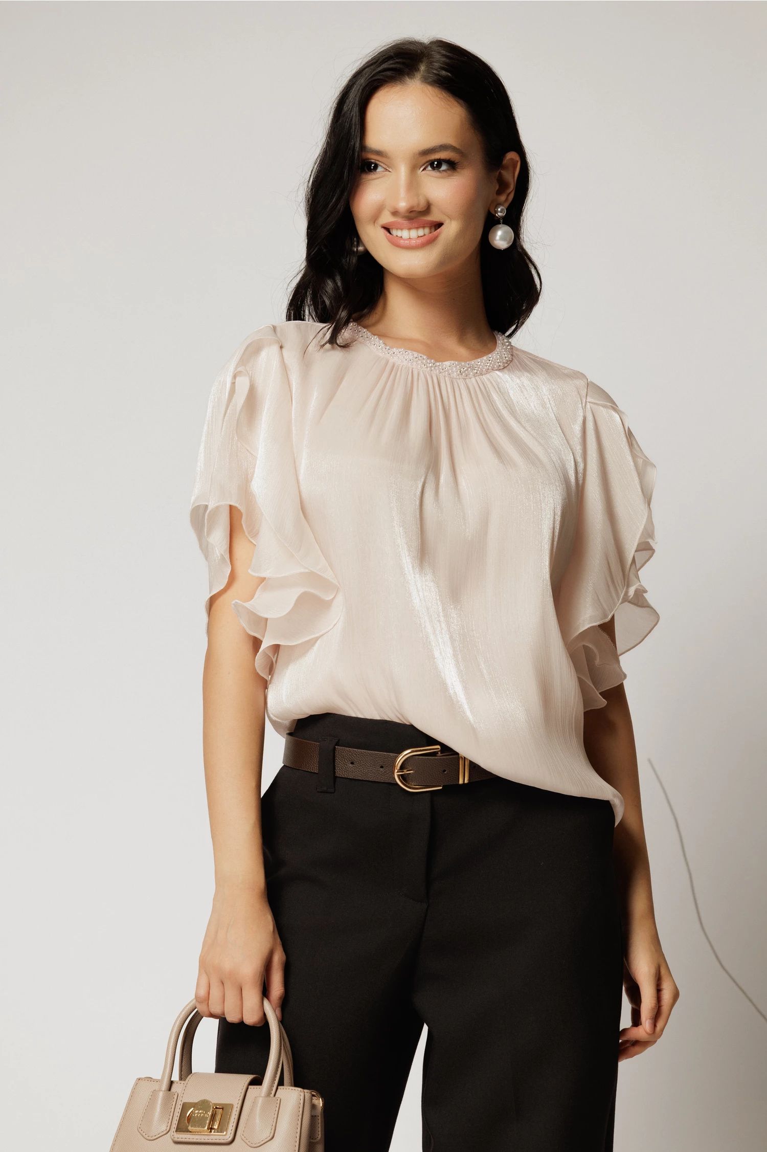Bluza DY Fashion ivoar din voal peliculizat cu maneci suprapuse