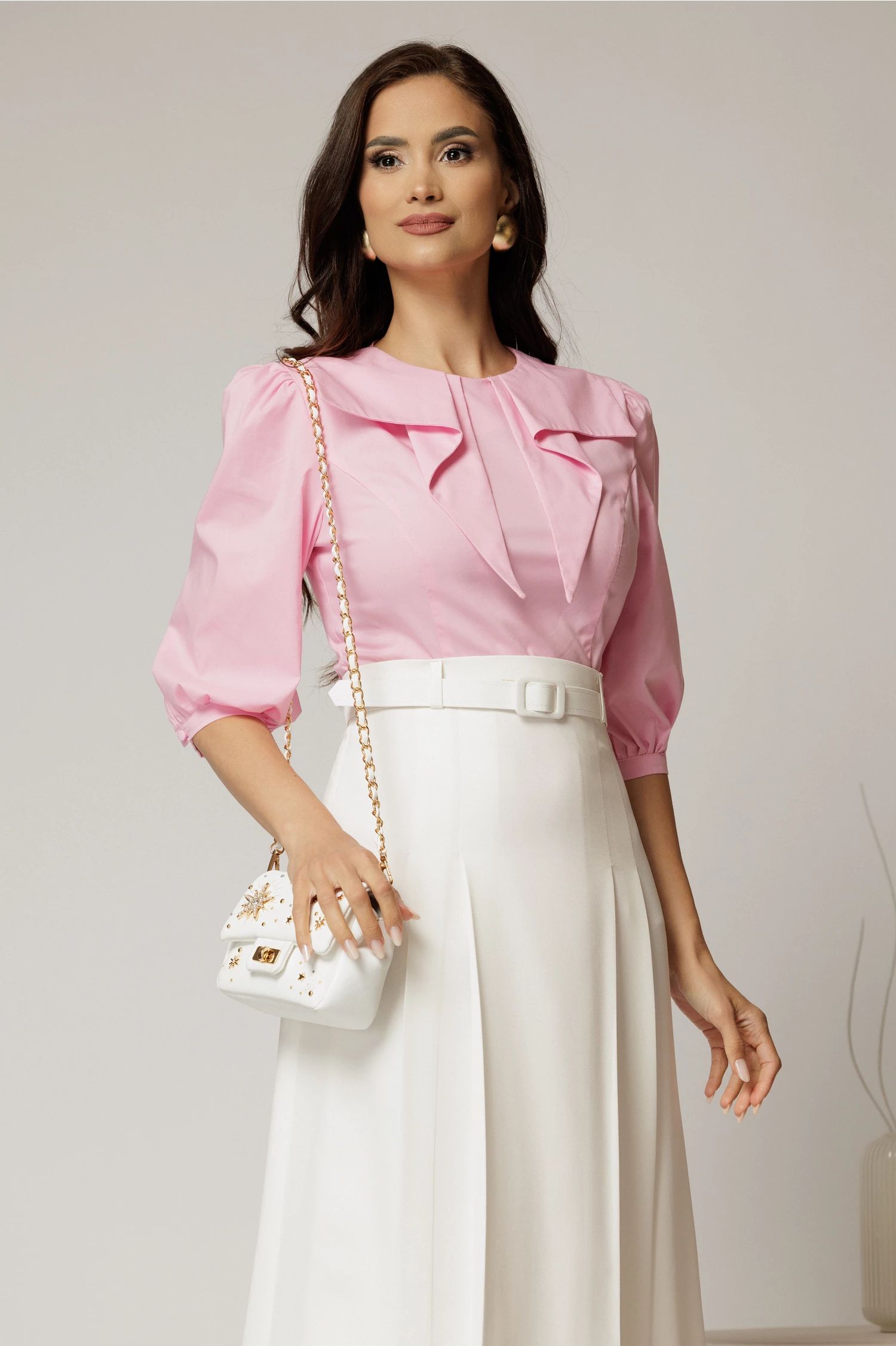 Bluza DY Fashion roz din poplin cu guler amplu
