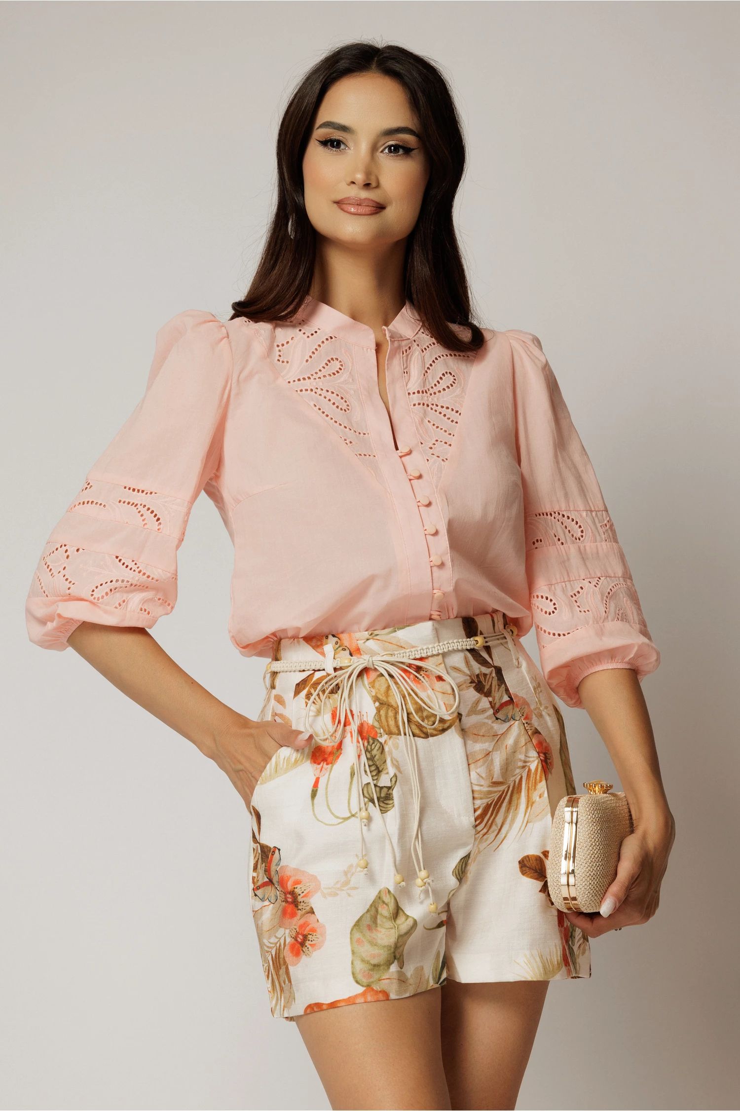 Bluza DY Fashion roz somon din bumbac cu manecile scurte bufante