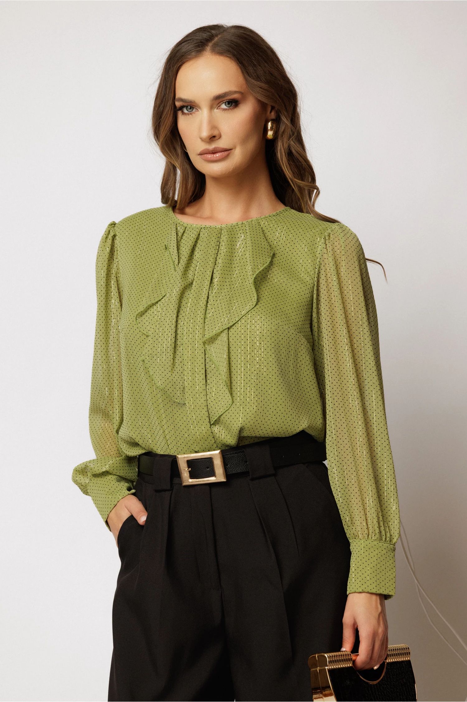 Bluza verde din voal cu buline si funda cu volanas la decolteu