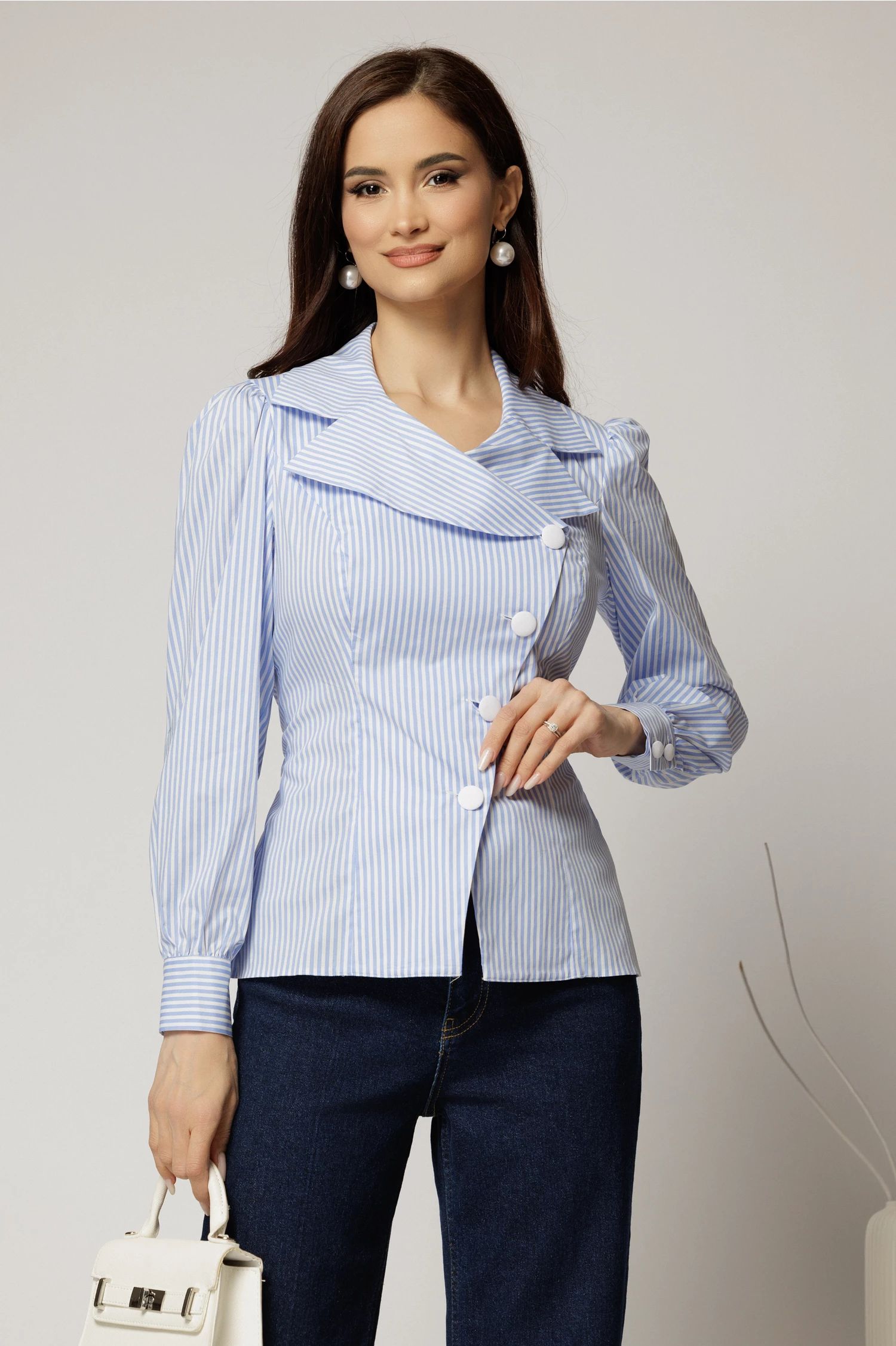 Camasa DY Fashion din poplin cu dungi bleu si nasturi asimetrici