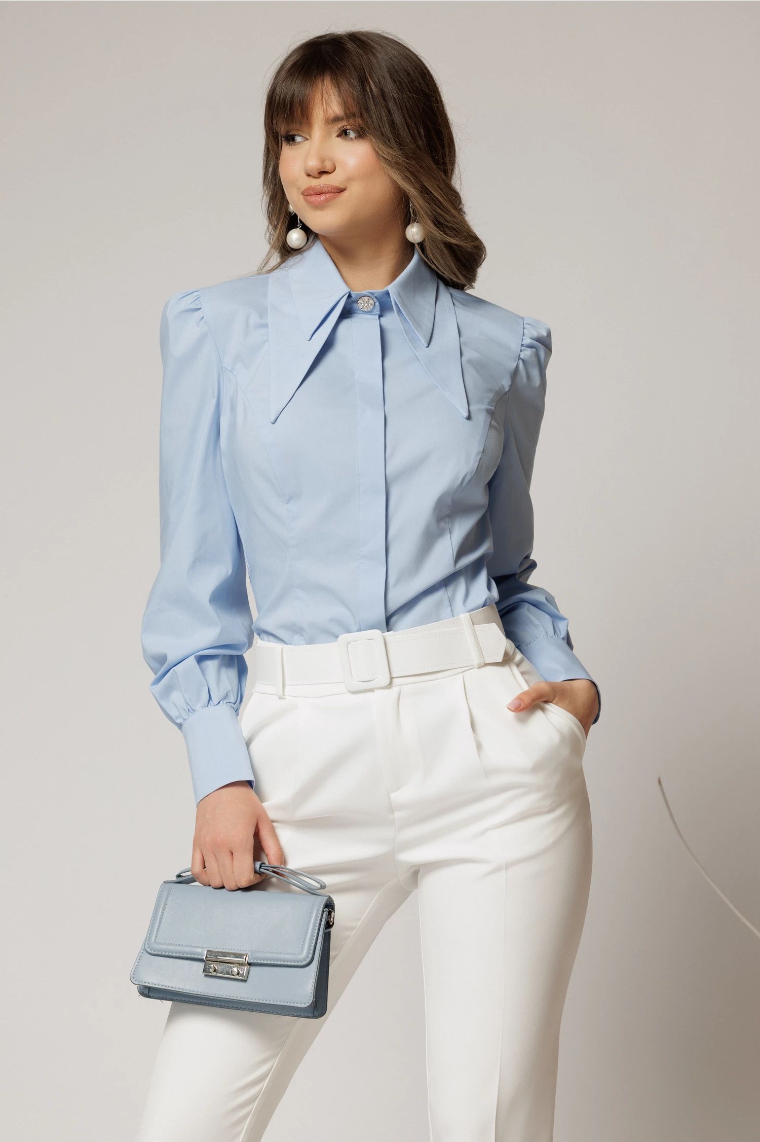 Camasa DY Fashion bleu din poplin cu guler dublu si croi cambrat
