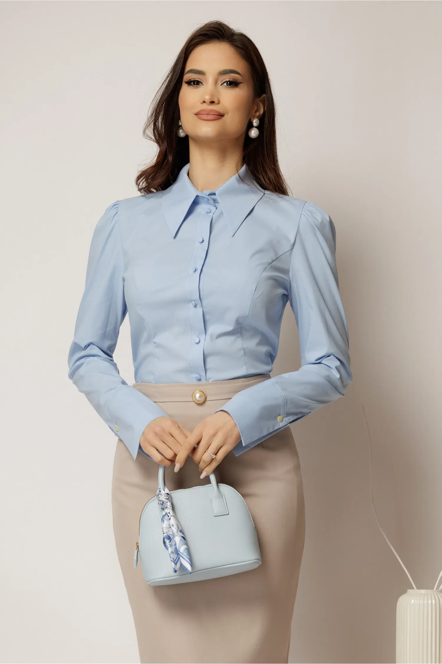 Camasa DY Fashion bleu din poplin cu manseta cu butoniera 1