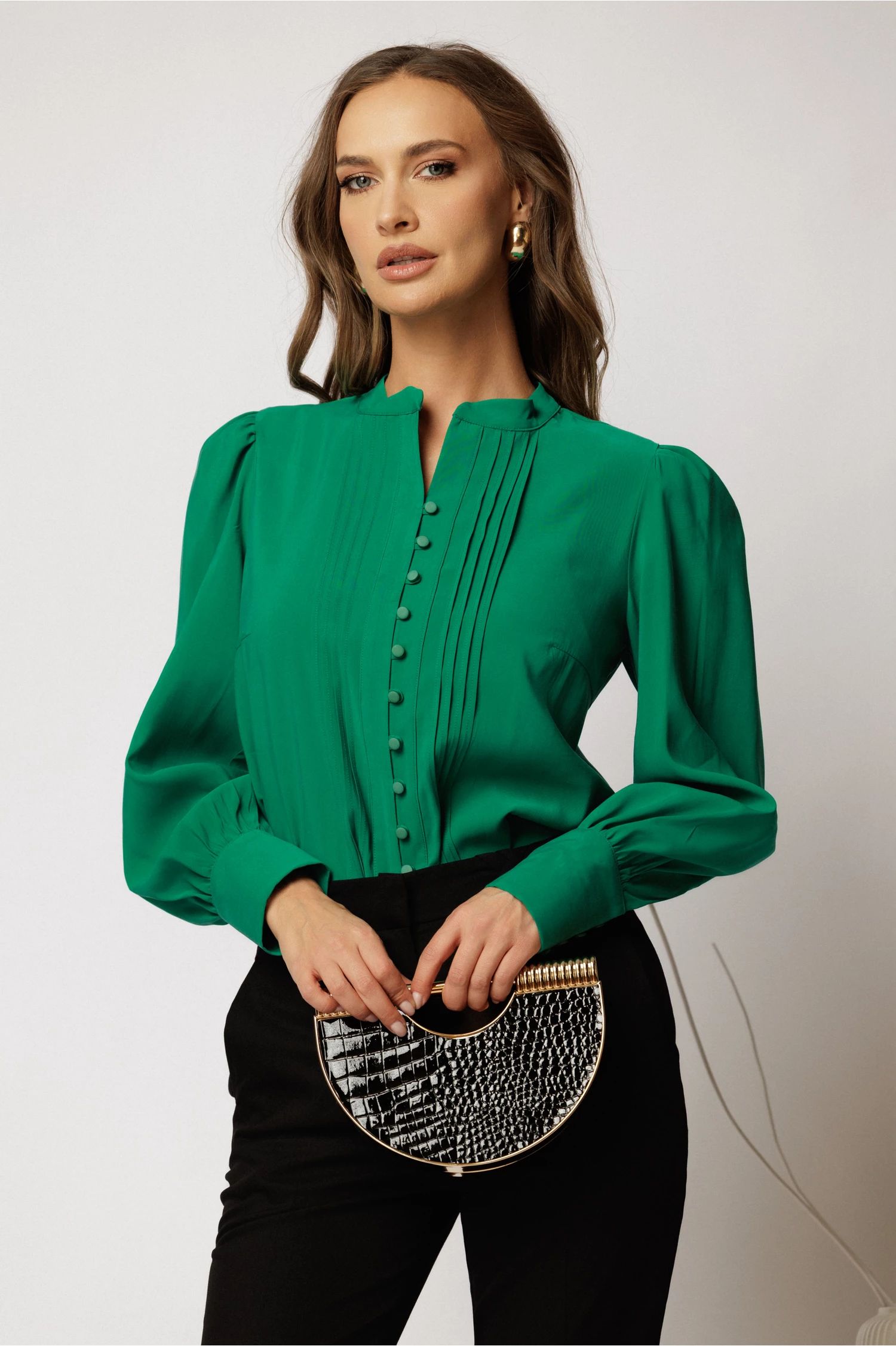 Camasa DY Fashion verde cu maneci bufante si pliuri pe bust