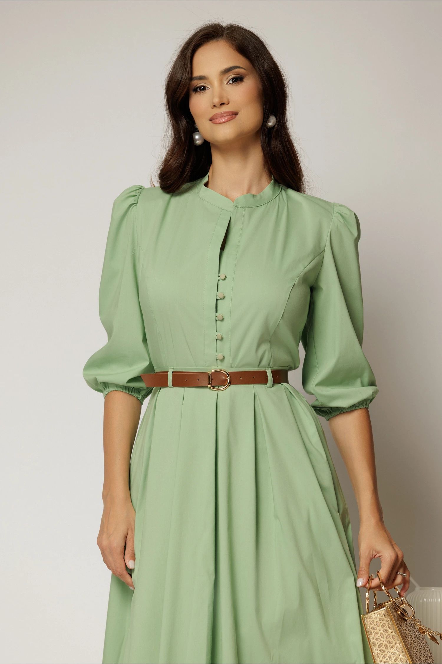 Camasa DY Fashion verde fistic din poplin cu maneci bufante si inchidere cu nasturi