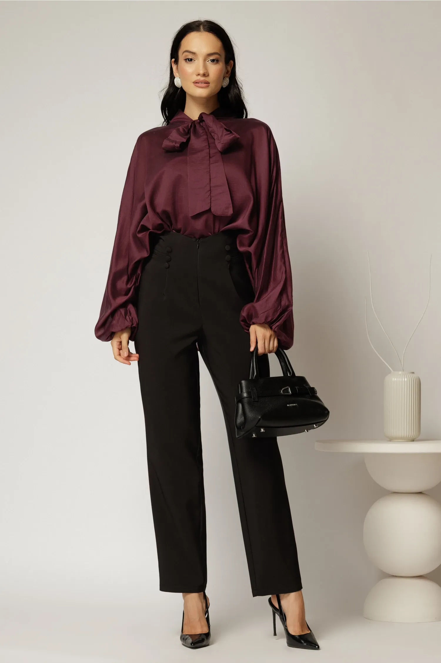 Camasa mov din tencel cu maneca ampla si guler tip esarfa 3
