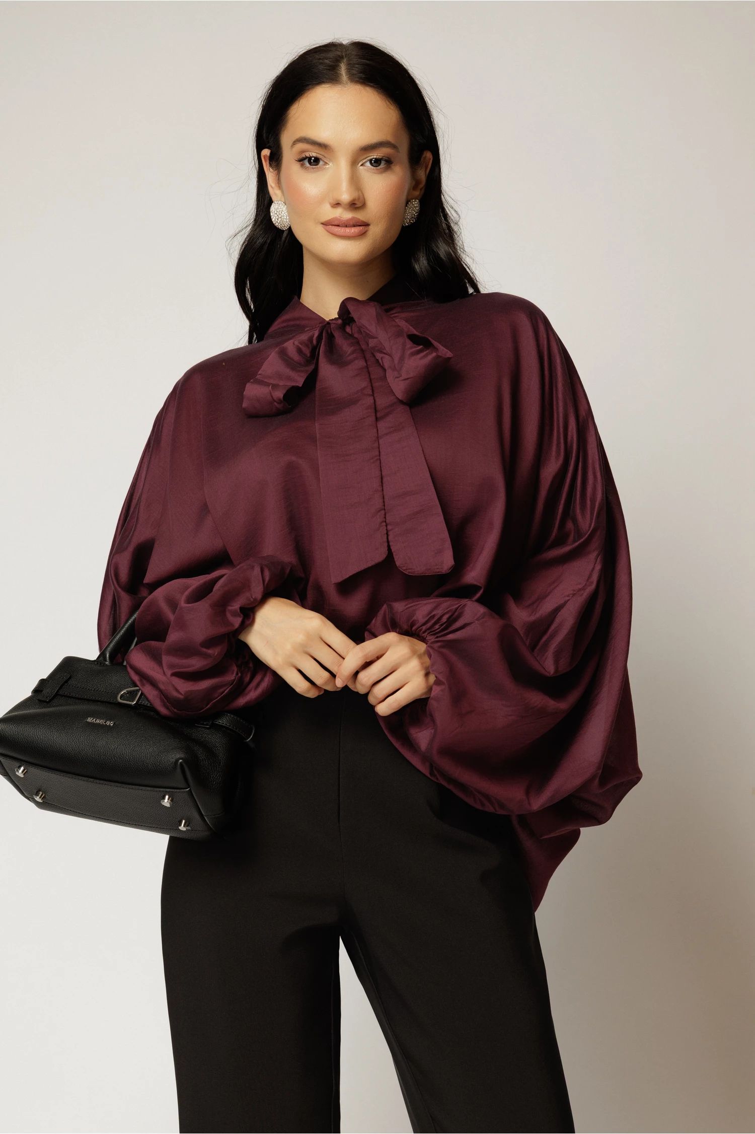Camasa mov din tencel cu maneca ampla si guler tip esarfa