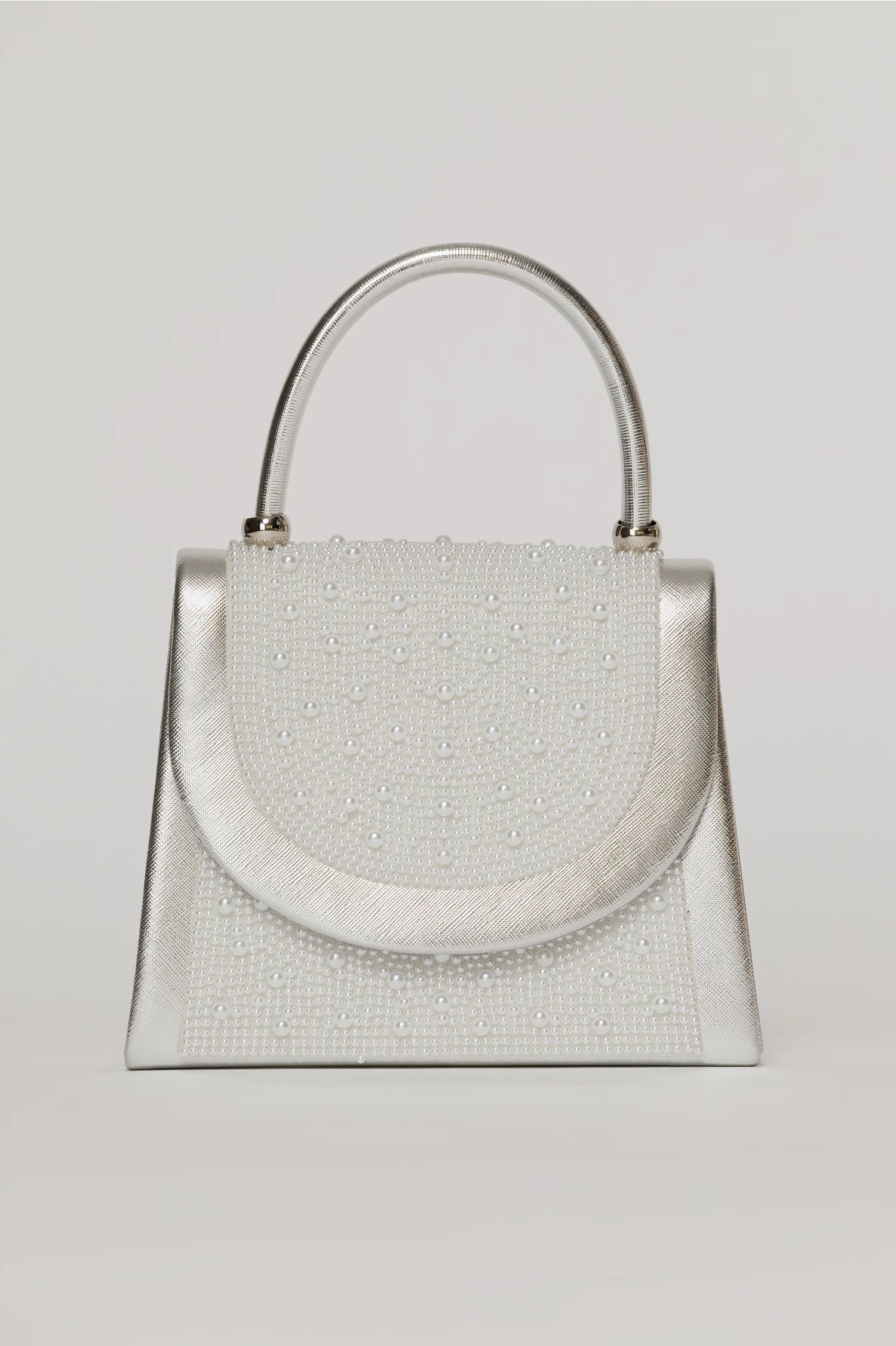 Clutch elegant argintiu decorat cu perle si margele