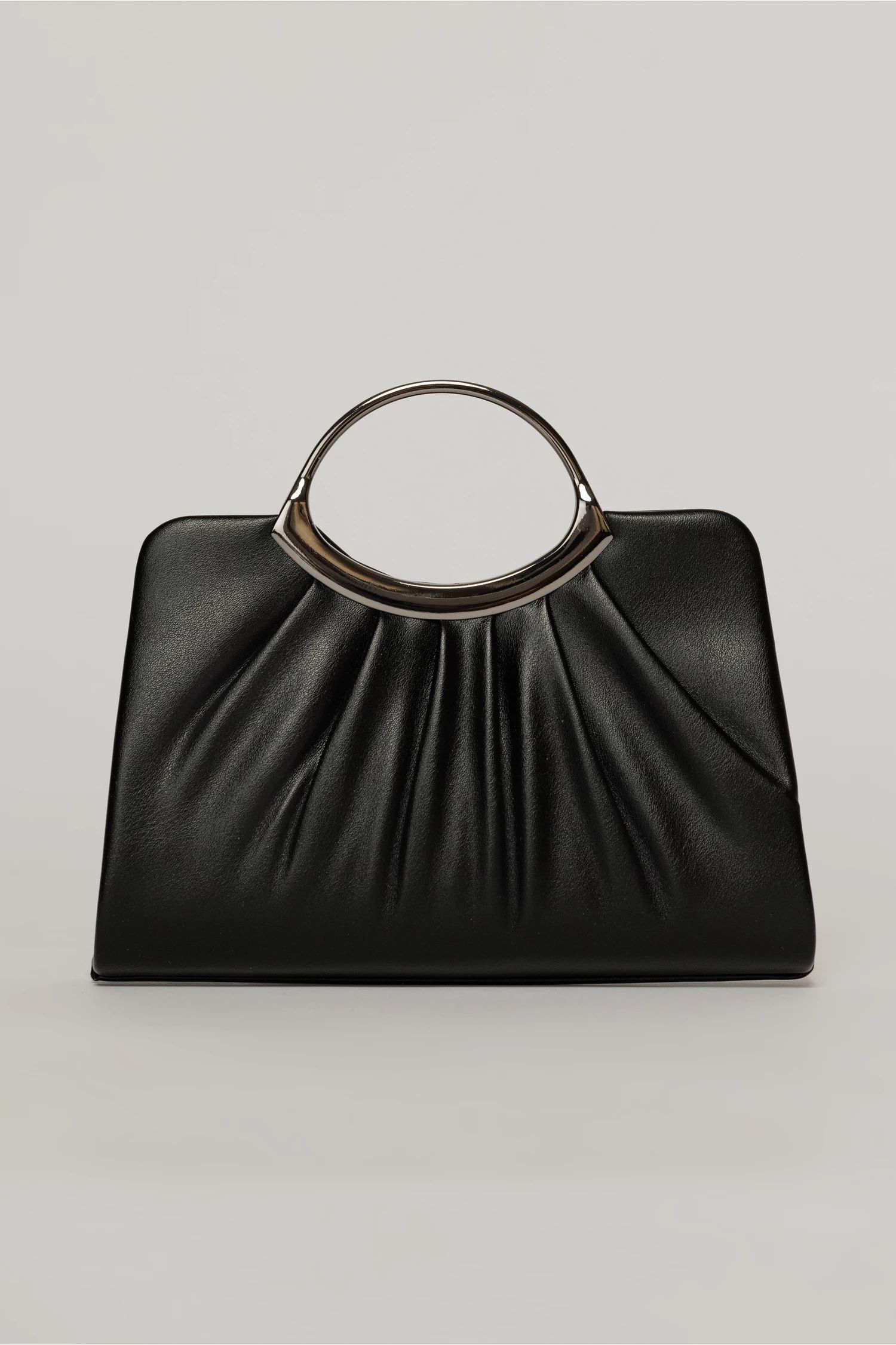 Clutch elegant negru din piele ecologica si maner metalic rotund