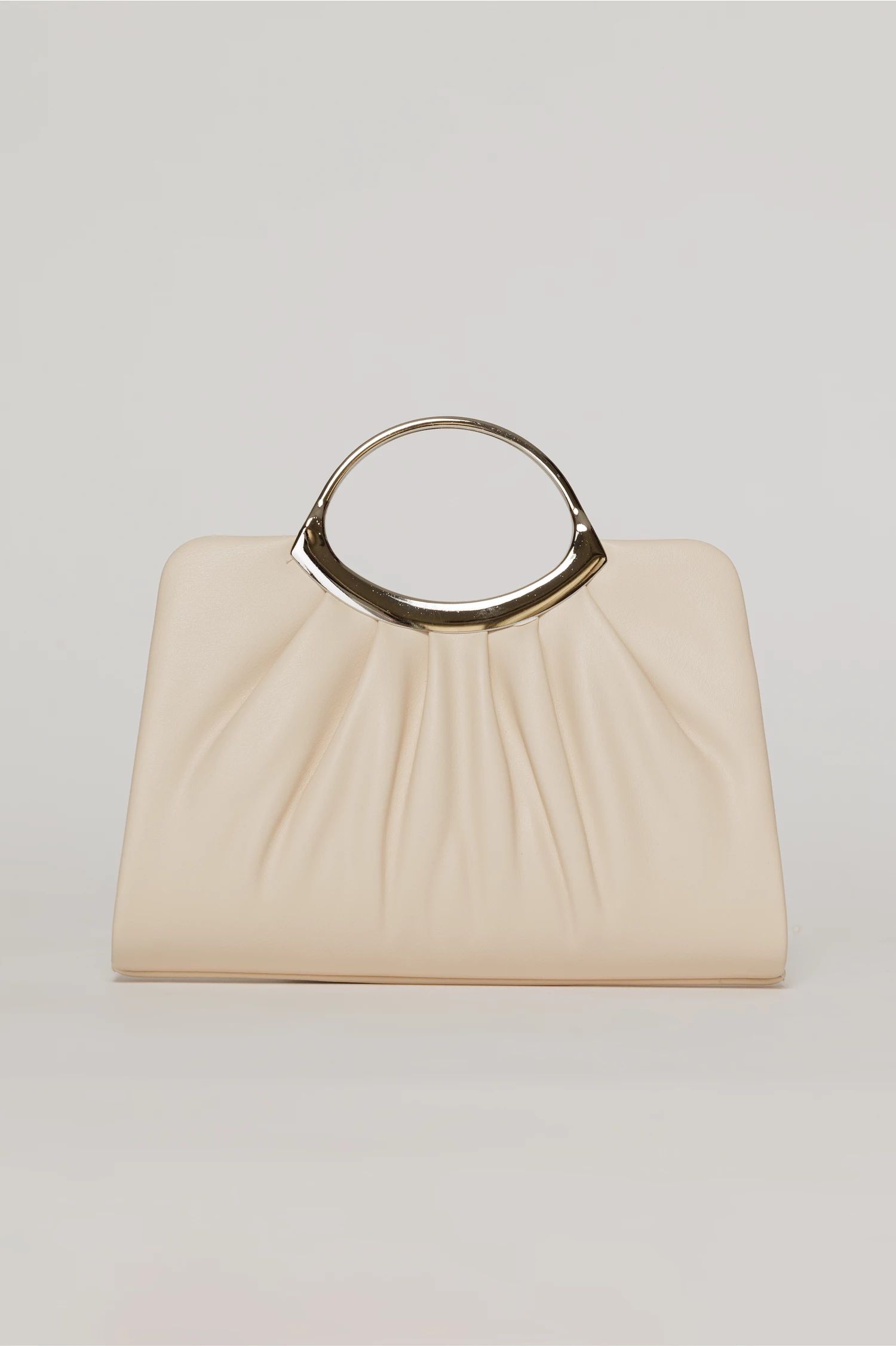 Clutch elegant nude din piele ecologica si maner metalic rotund