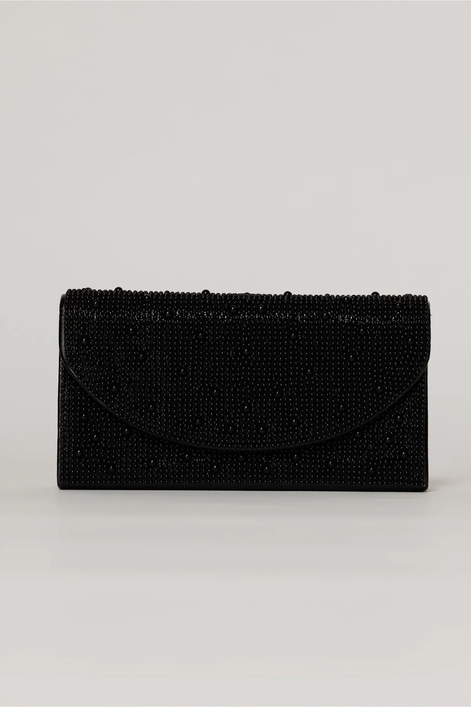 Clutch negru metalizat cu clapeta curbata si decoratii aplicate