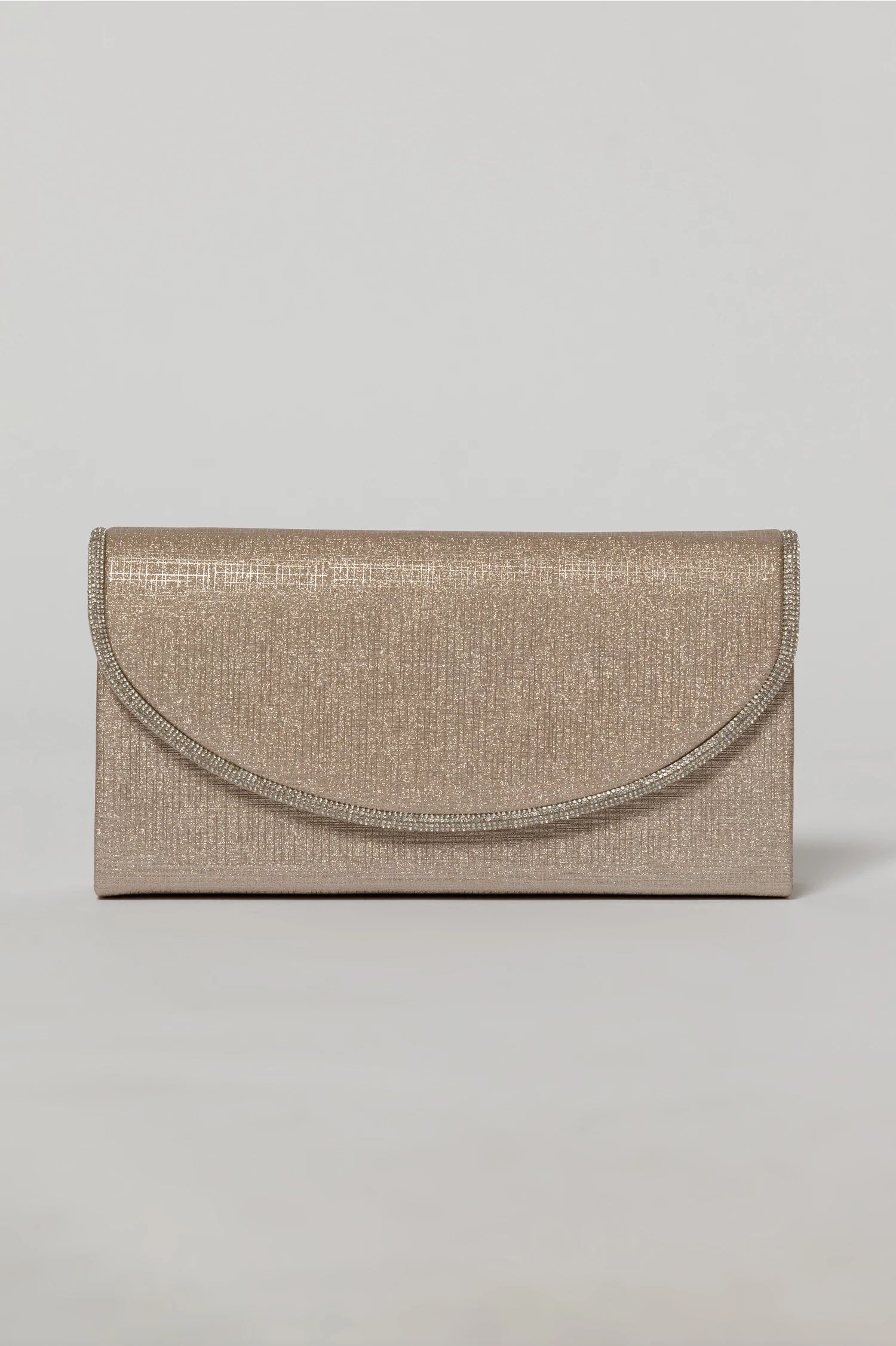 Clutch nude elegant cu clapeta curbata decorata cu strasuri