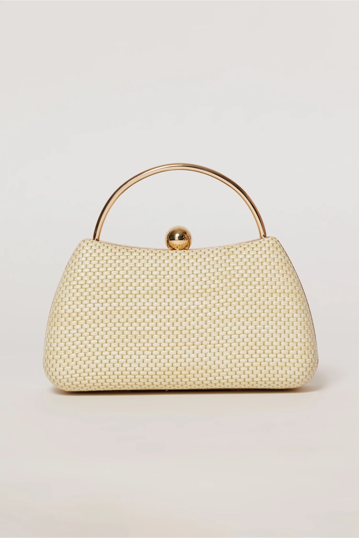 Clutch nude elegant cu maner auriu si design impletit