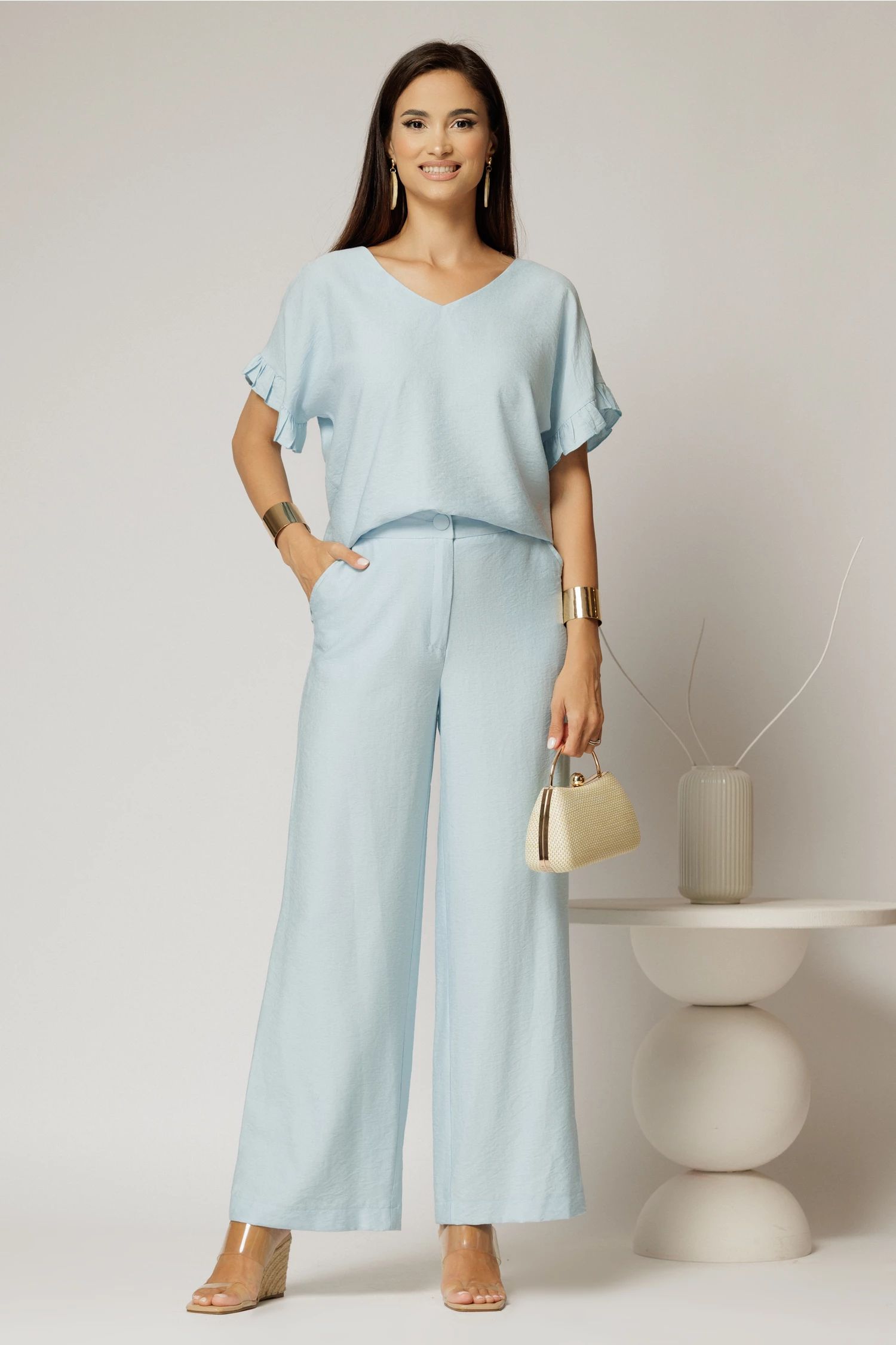 Compleu bleu din viscoza cu pantalon si bluza cu maneci lejere