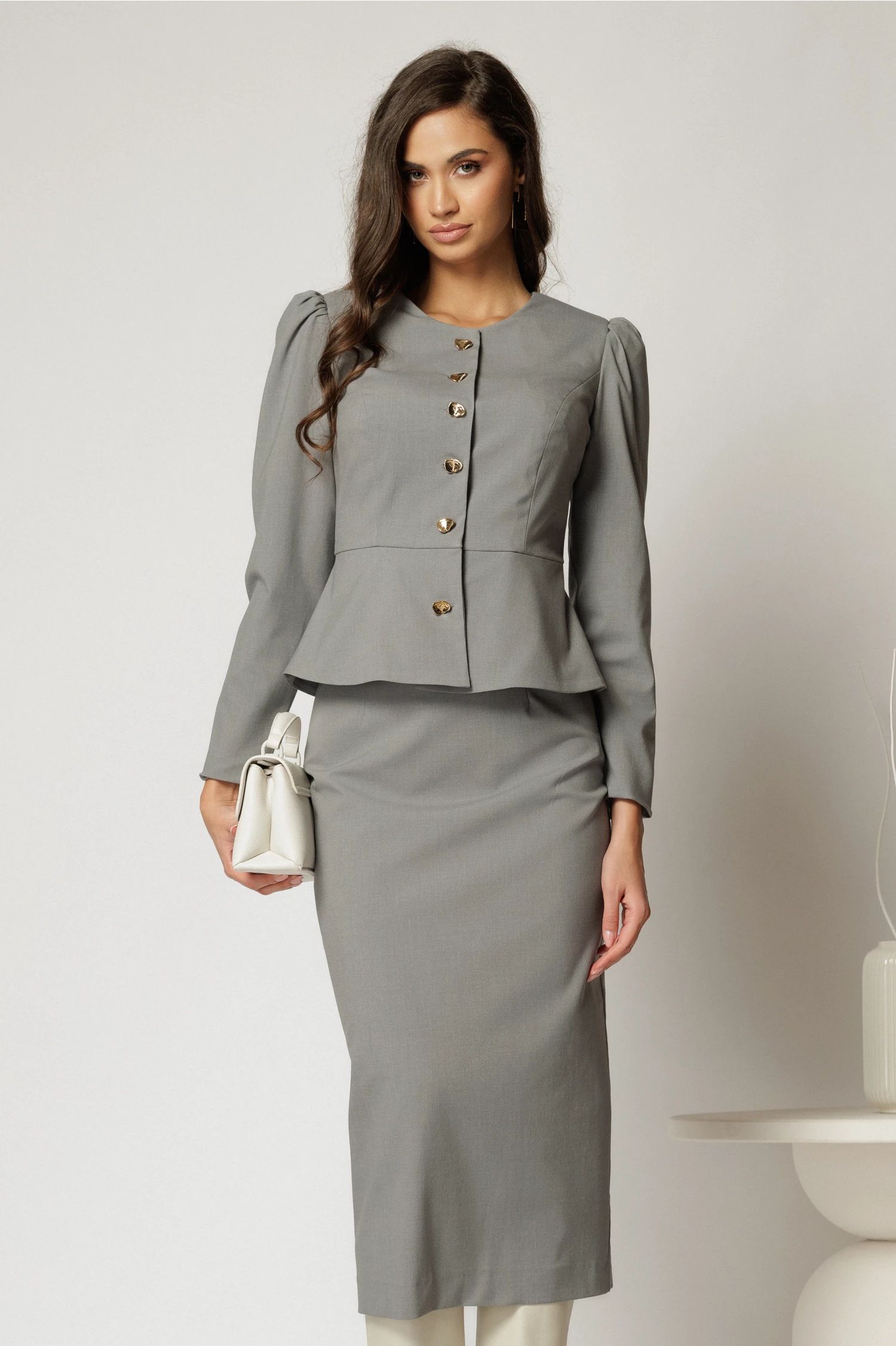 Compleu DY Fashion gri format din sacou cu peplum si fusta conica