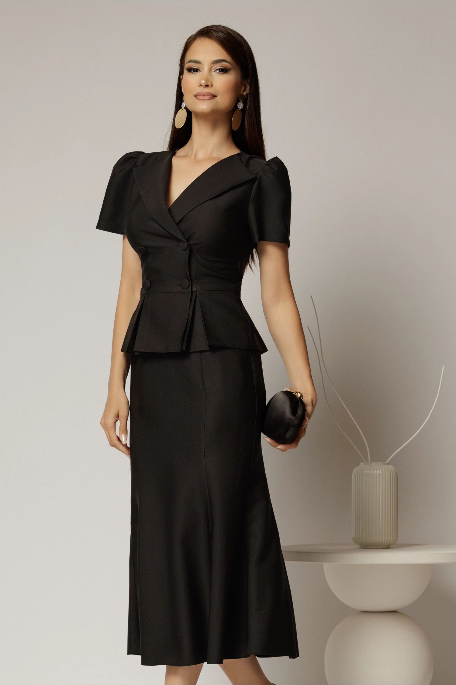 Compleu DY Fashion negru din sacou cu peplum si fusta in clini