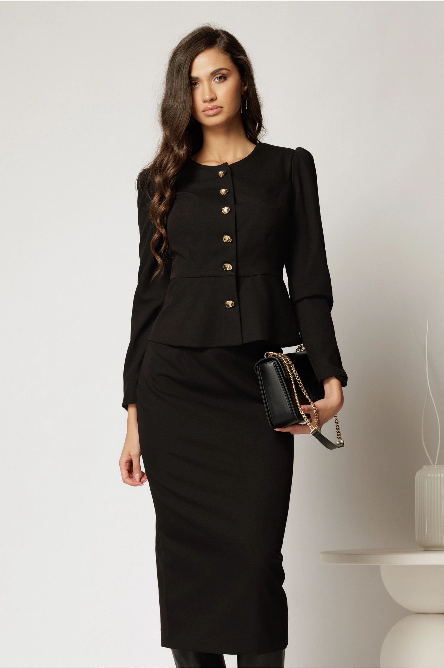 Compleu DY Fashion negru format din sacou cu peplum si fusta conica