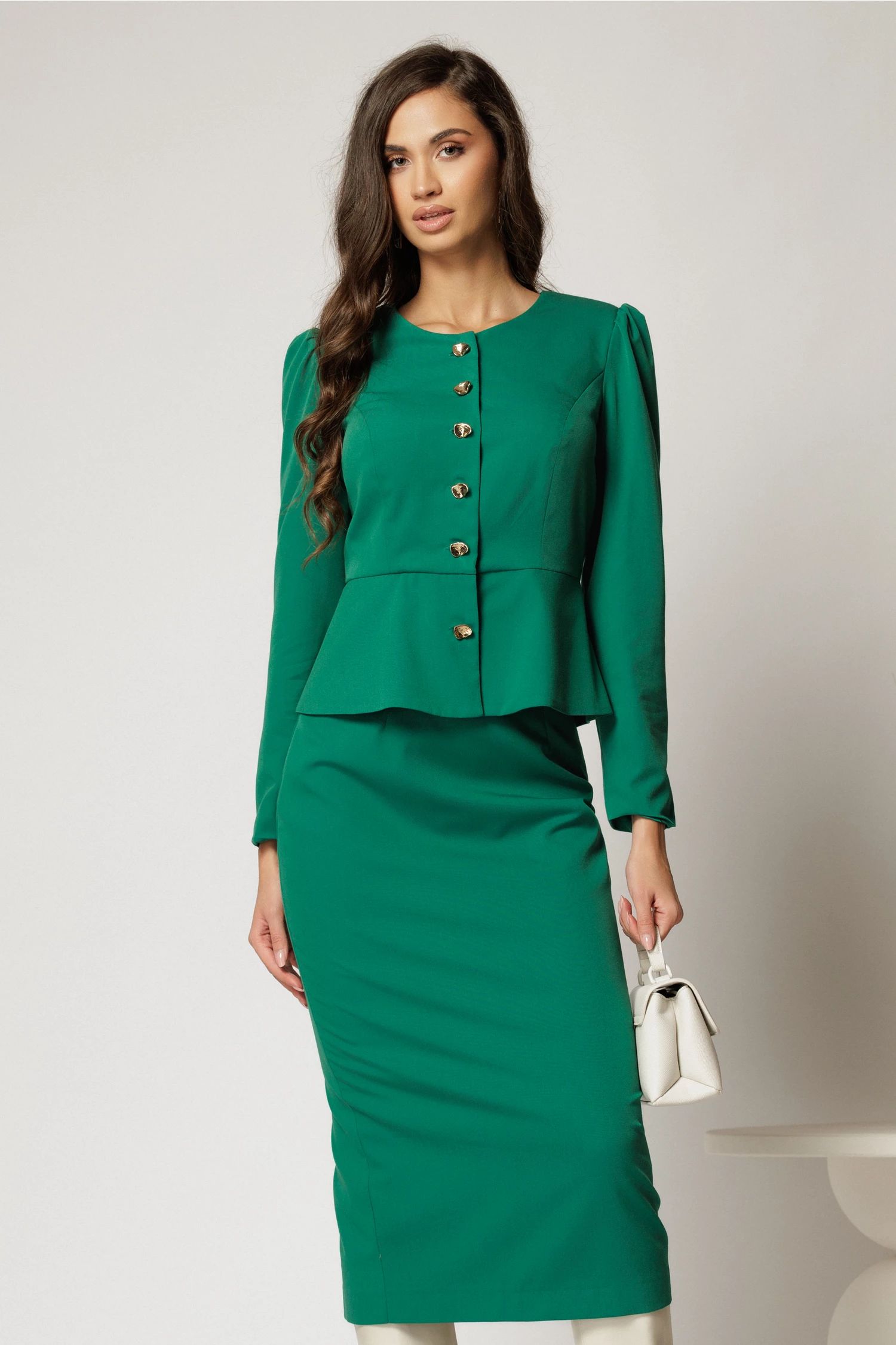 Compleu DY Fashion verde format din sacou cu peplum si fusta conica