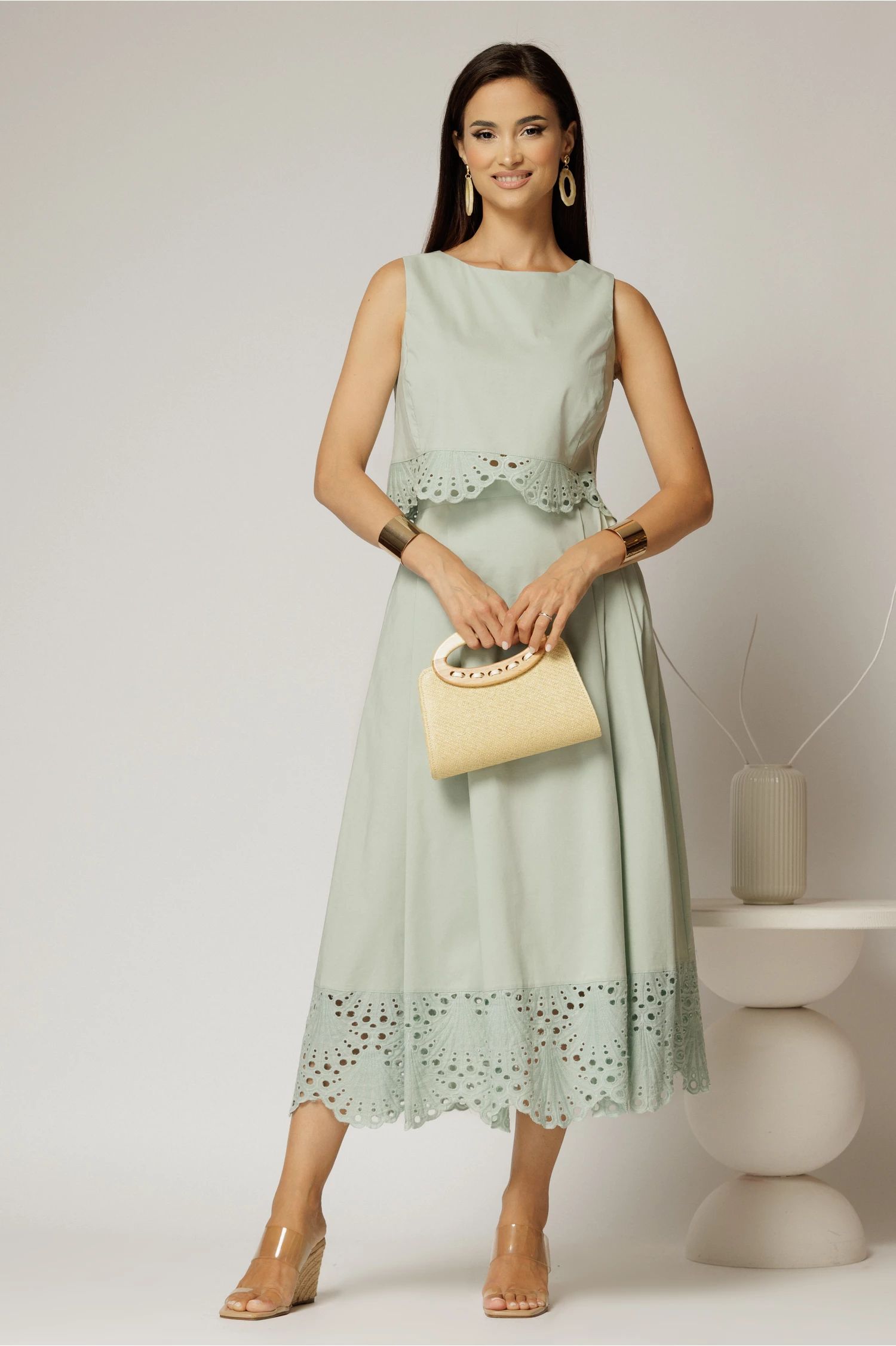 Compleu verde fistic din poplin format din fusta clos si top scurt