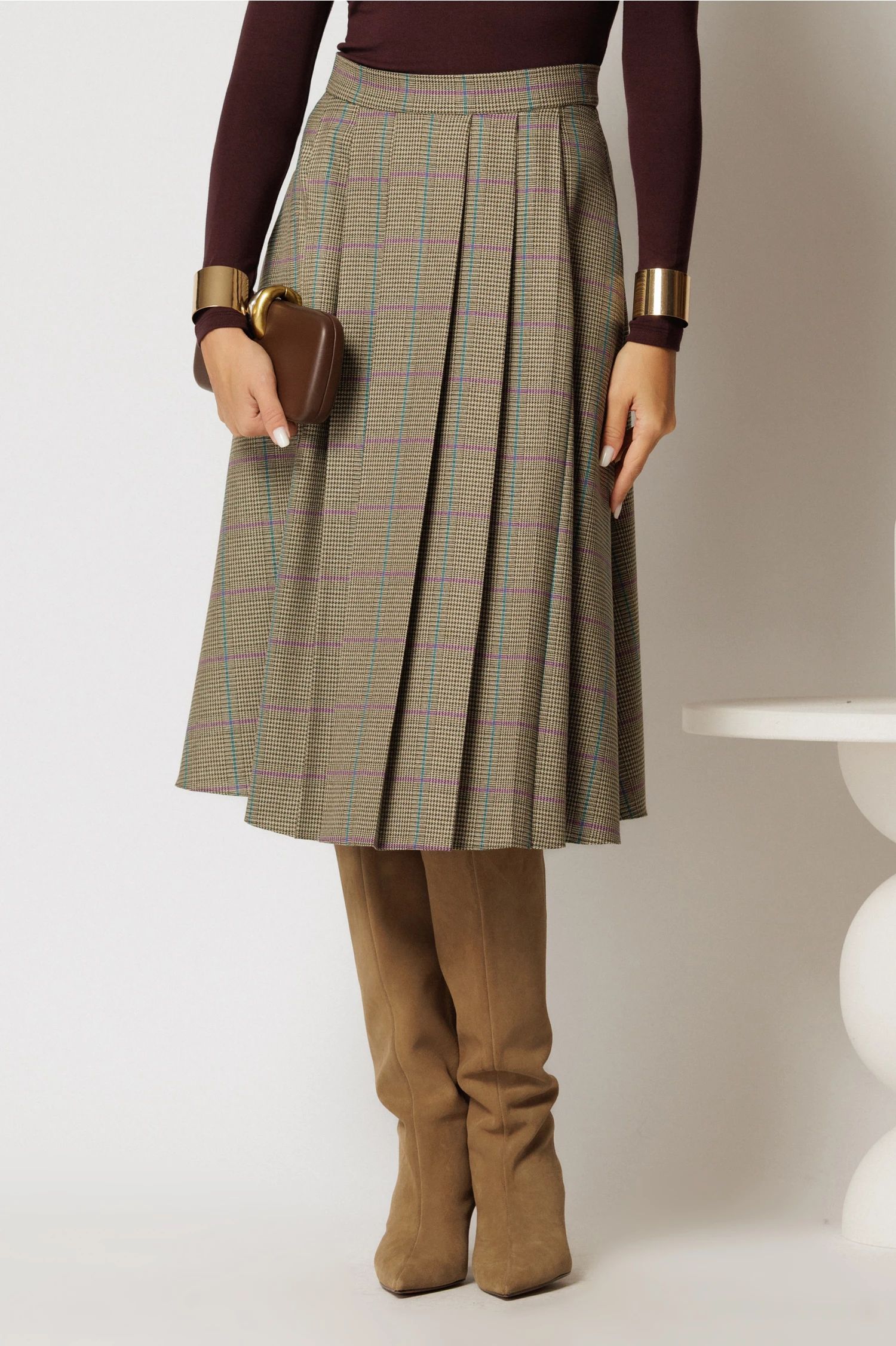 Fusta DY Fashion clos cu carouri gri cu pliuri