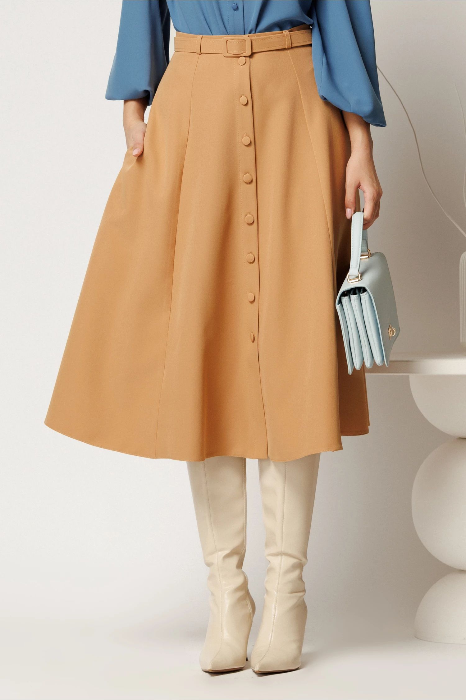 Fusta DY Fashion midi camel cu nasturi si curea in talie