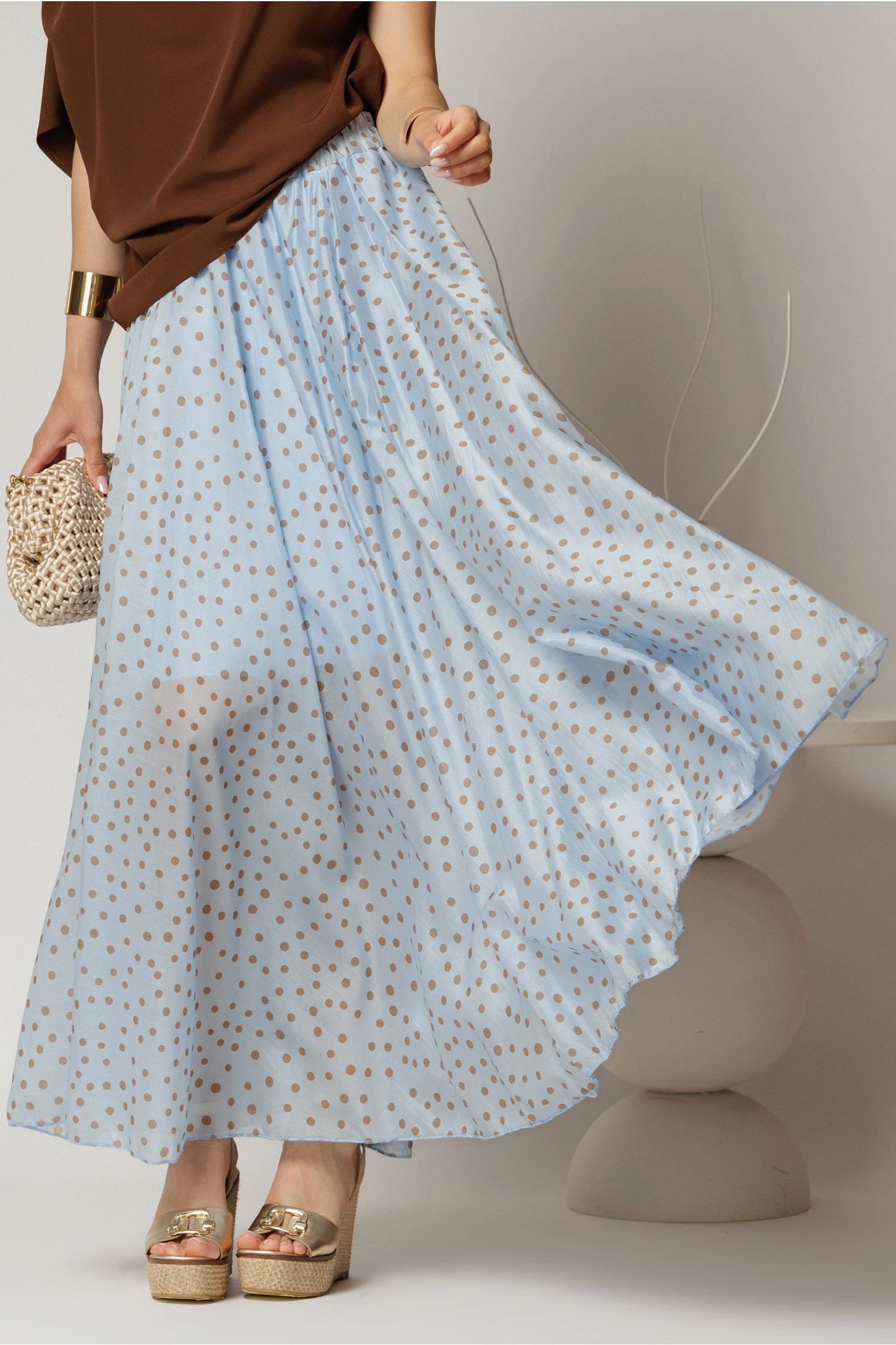 Fusta midi bleu cu buline clos din tencel casual eleganta