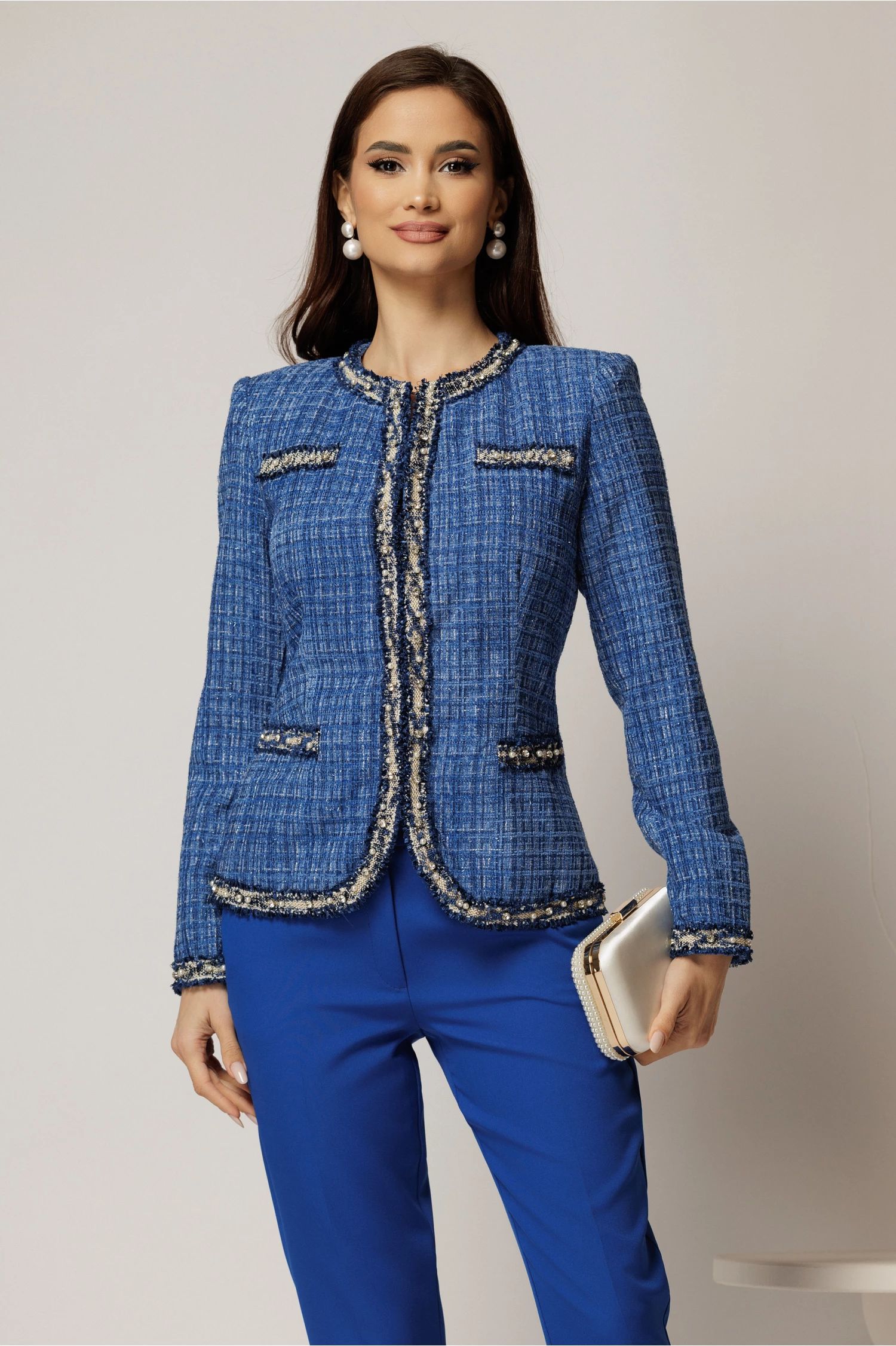 Jacheta DY Fashion din tweed albastru cu pasmanterie in contrast