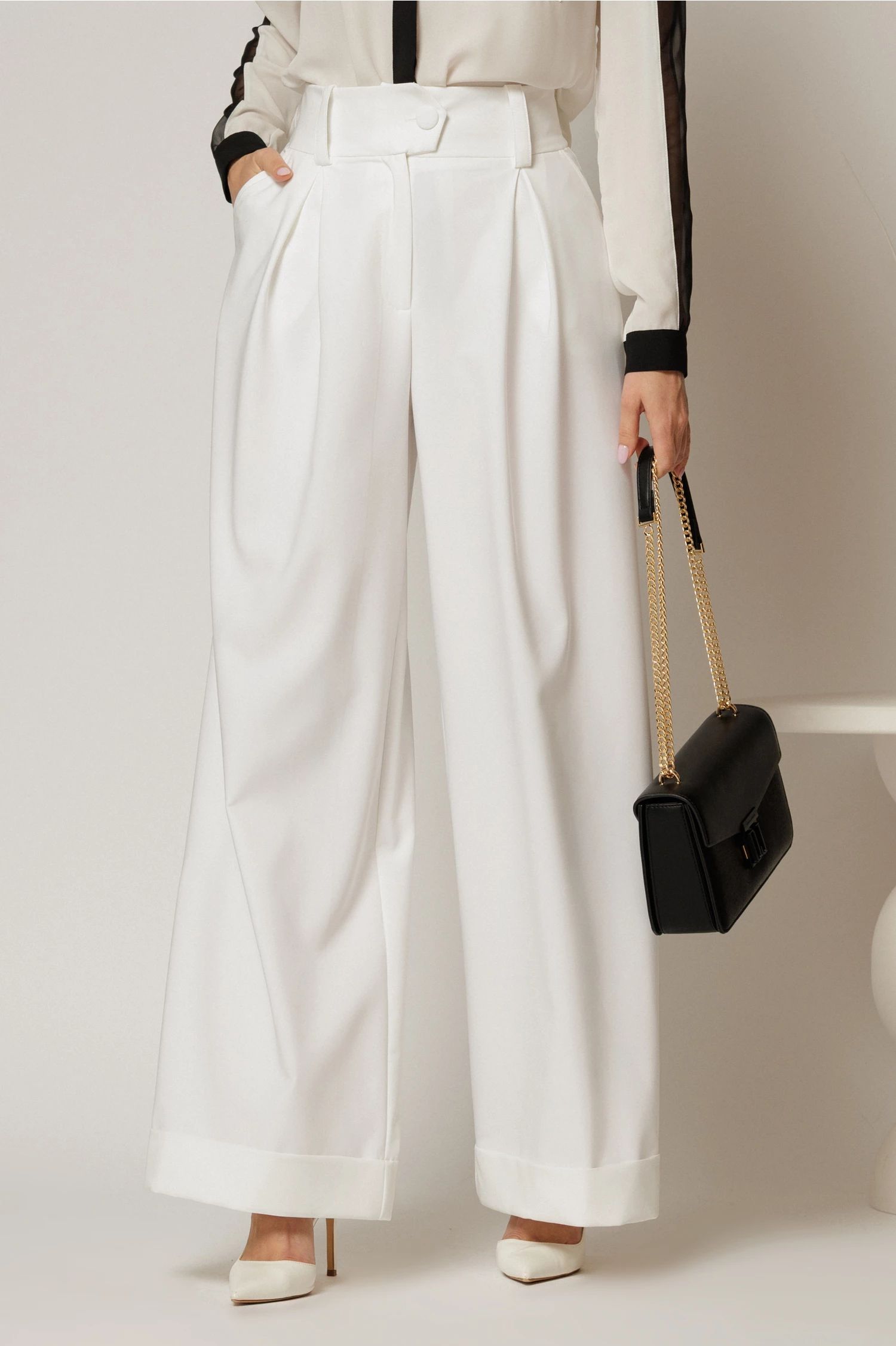 Pantaloni DY Fashion albi cu croi lejer si talie lata