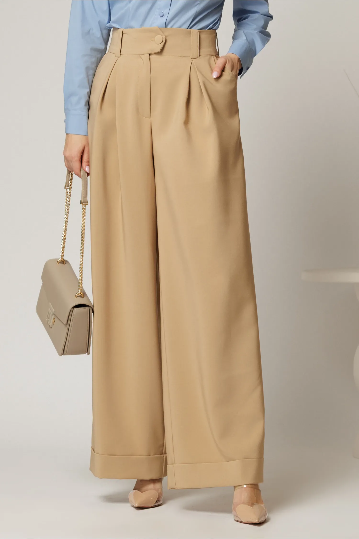 Pantaloni DY Fashion bej cu croi lejer si talie lata 1
