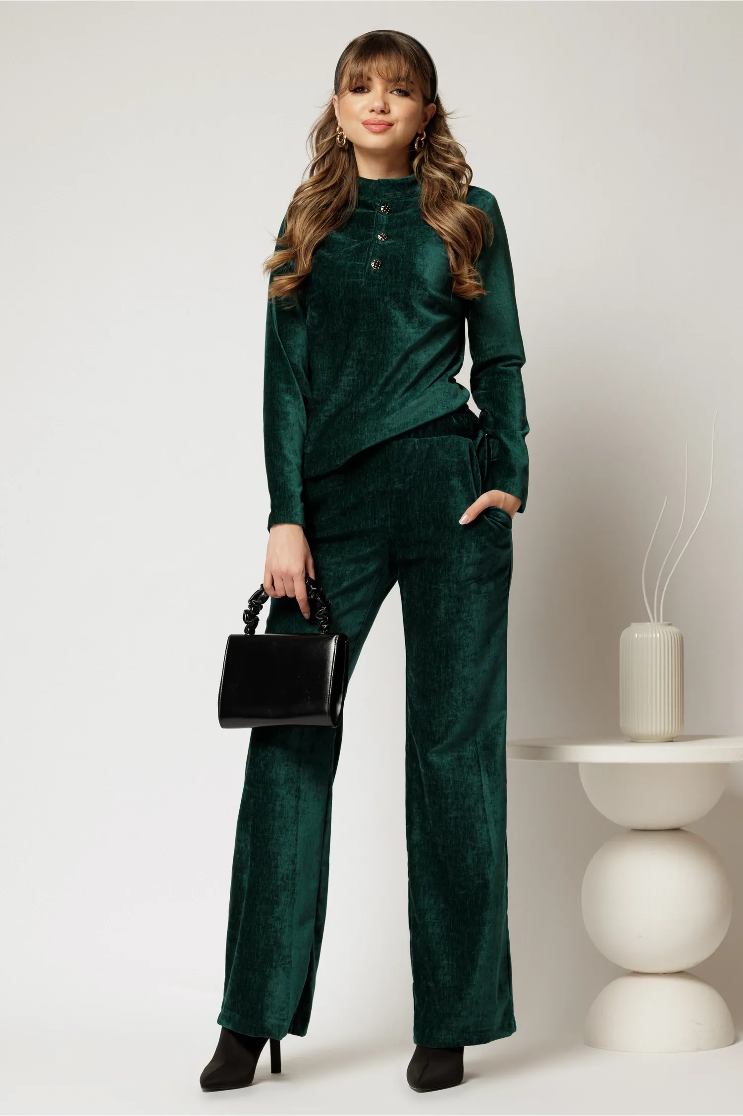 Pantaloni DY Fashion verzi din catifea velurata casual eleganti 1