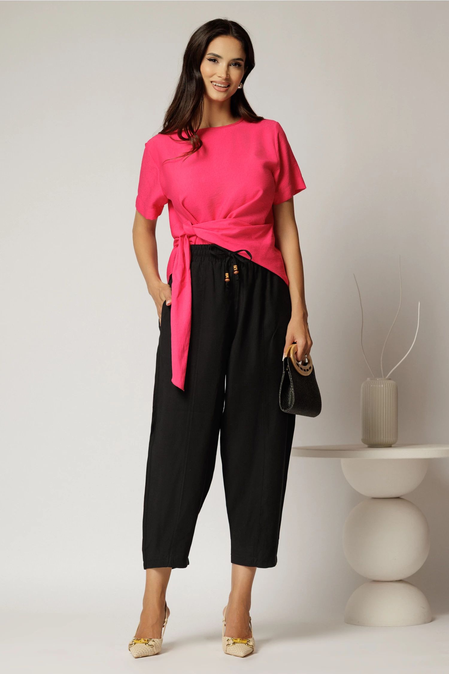 Pantaloni negri de zi din tencel cu snur si elastic pe talie