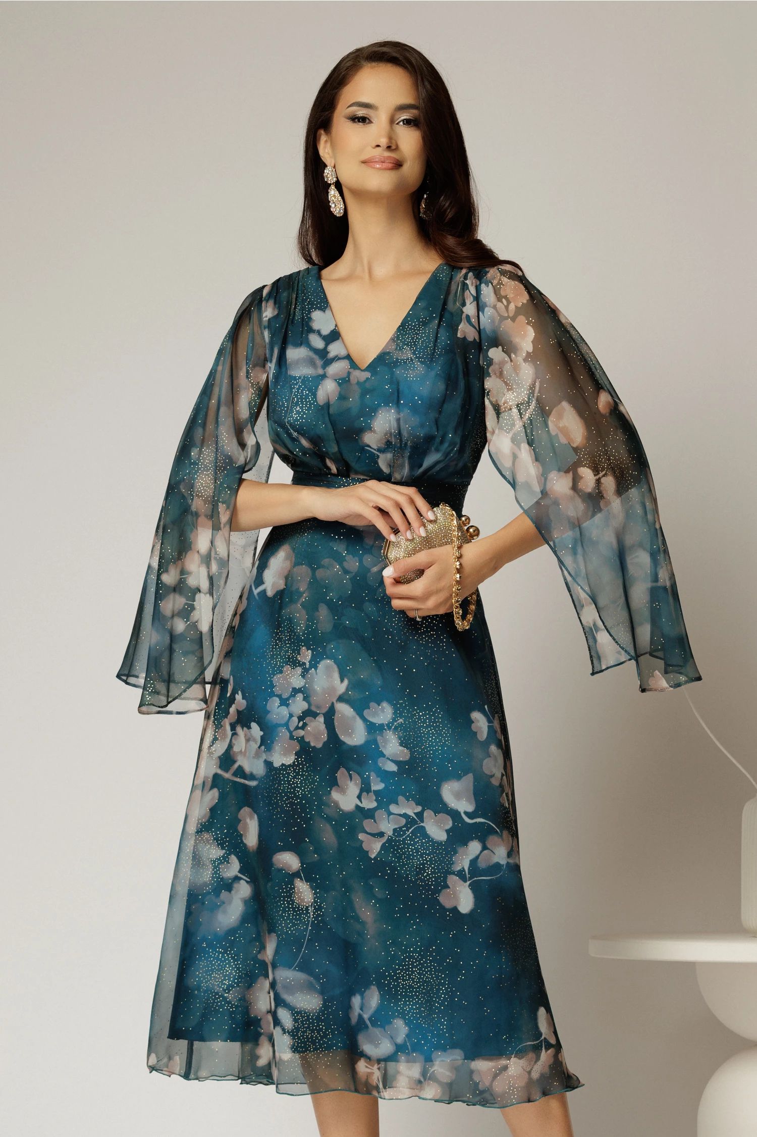 Rochie de ocazie albastru petrol cu imprimeu floral bej si insertii aurii
