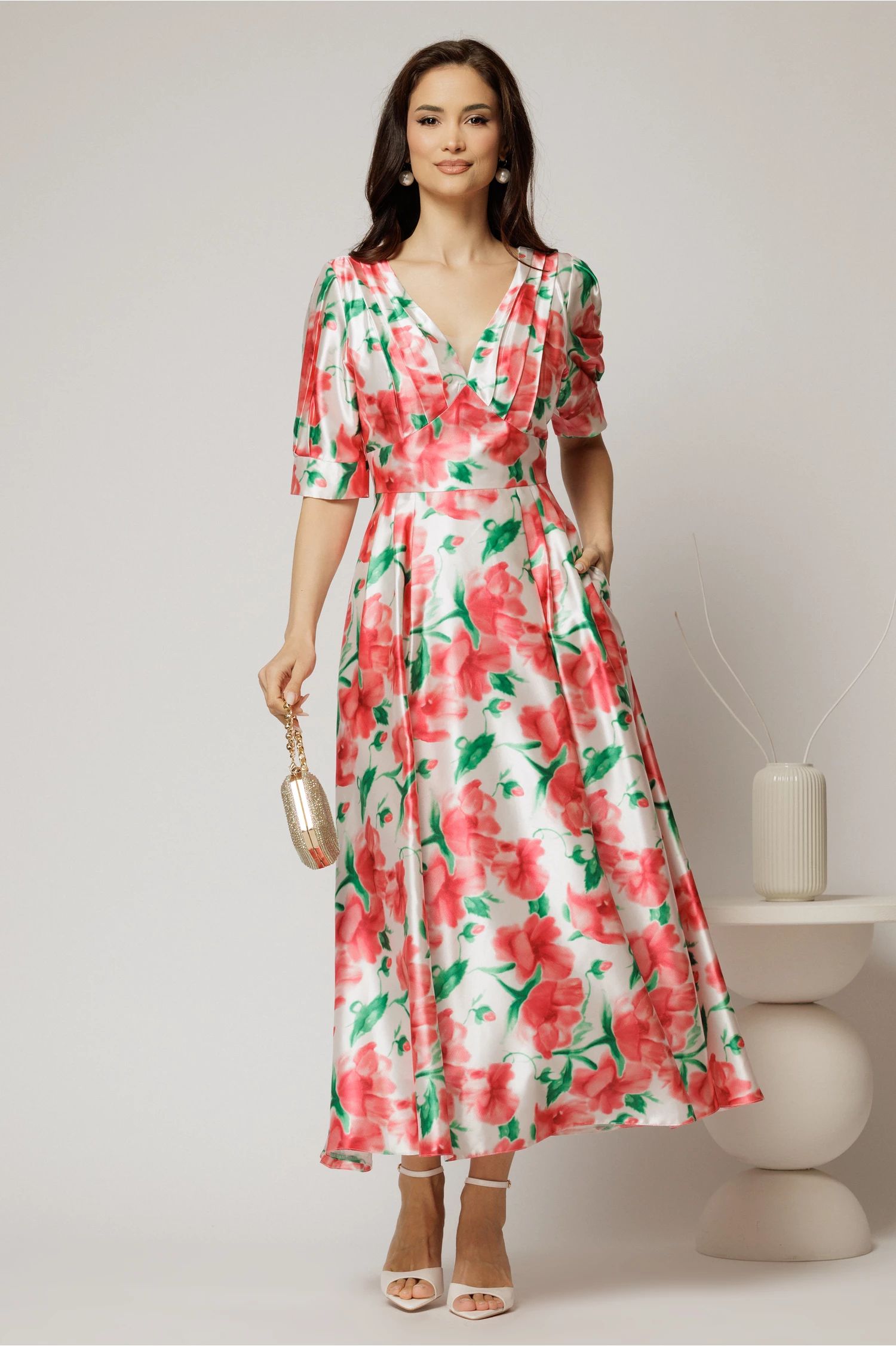Rochie de ocazie cu imprimeu rosu si verde lunga de ocazie
