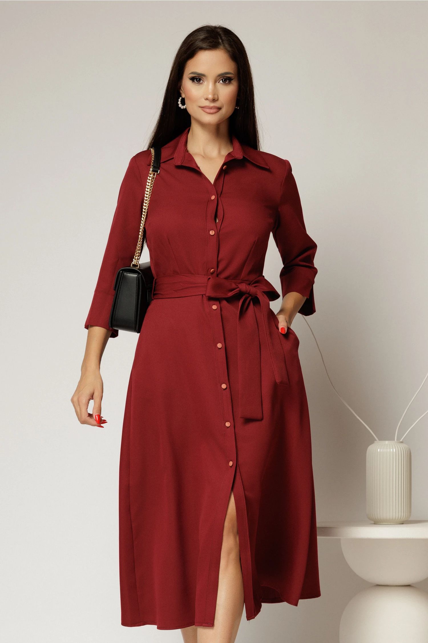 Rochie de zi midi bordo tip camasa cu cordon in talie