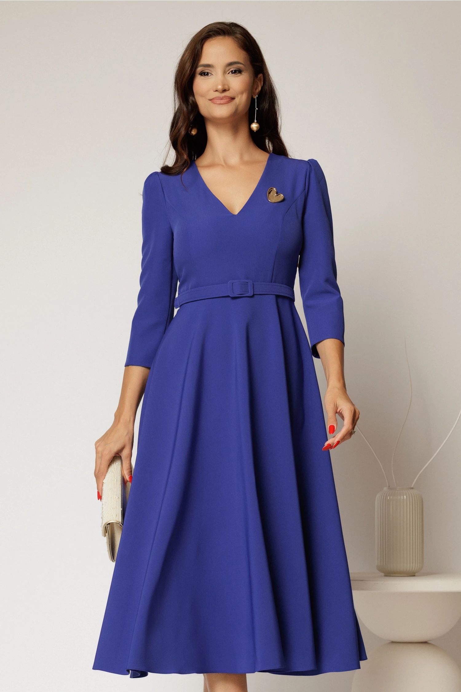 Rochie DY Fashion albastra clos cu decolteu V si curea in talie