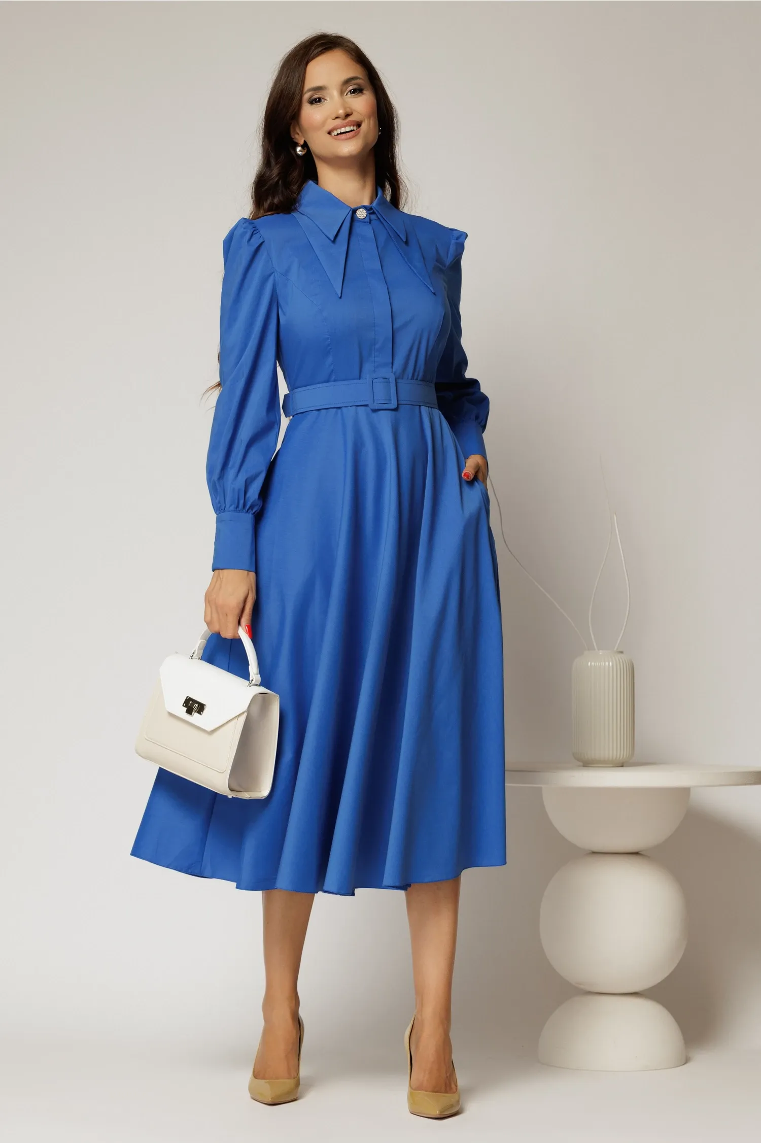 Rochie DY Fashion albastra din poplin cu guler dublu si curea in talie 3
