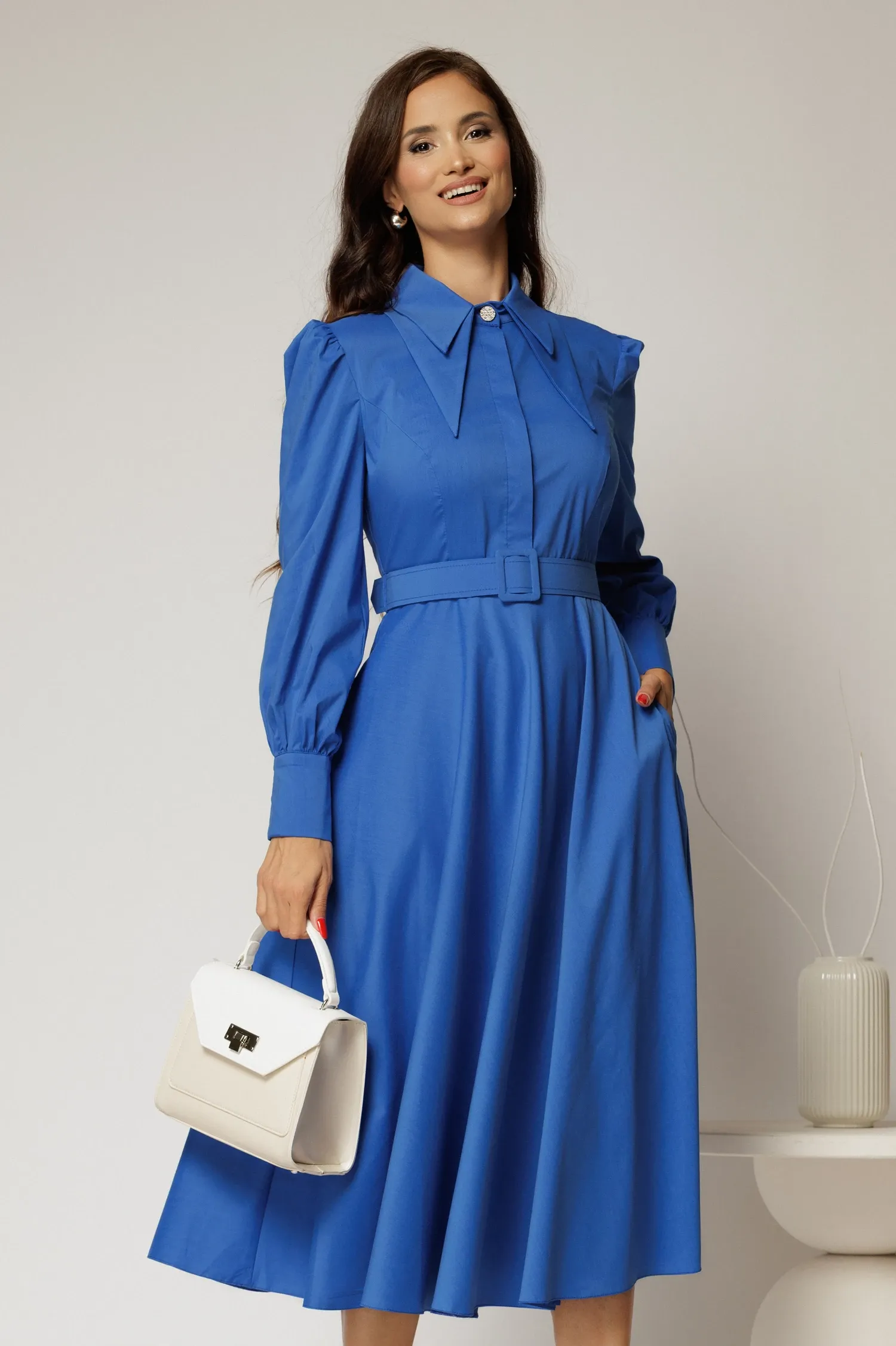 Rochie DY Fashion albastra din poplin cu guler dublu si curea in talie 1