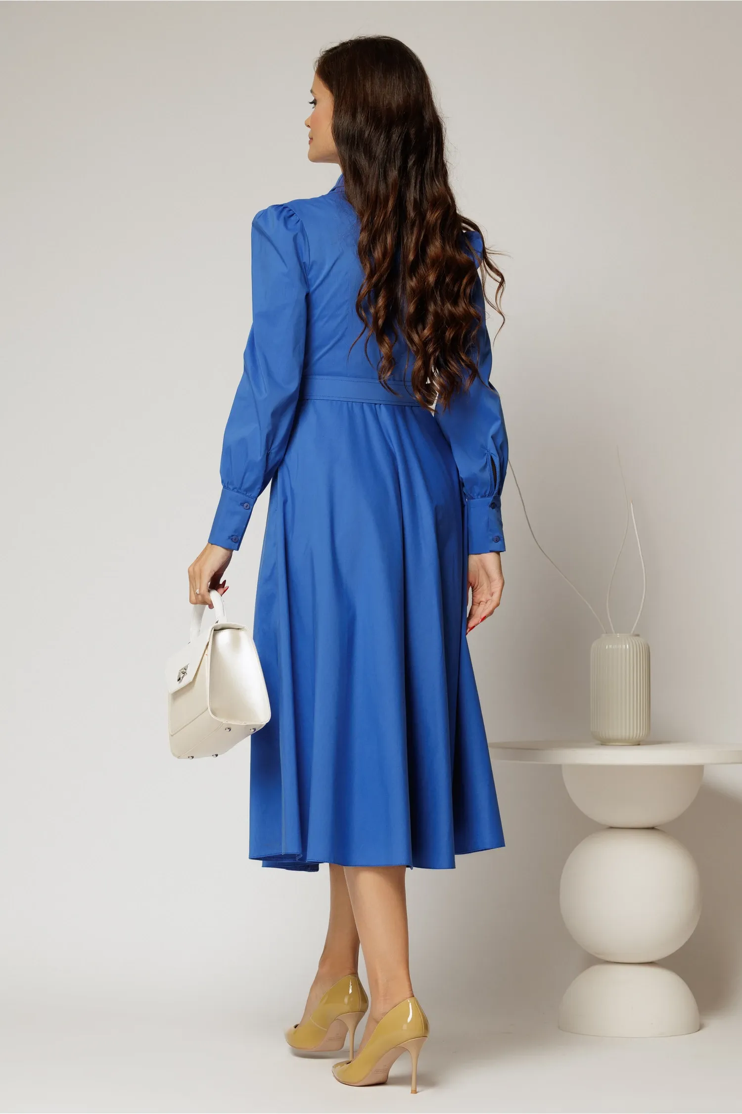 Rochie DY Fashion albastra din poplin cu guler dublu si curea in talie 2