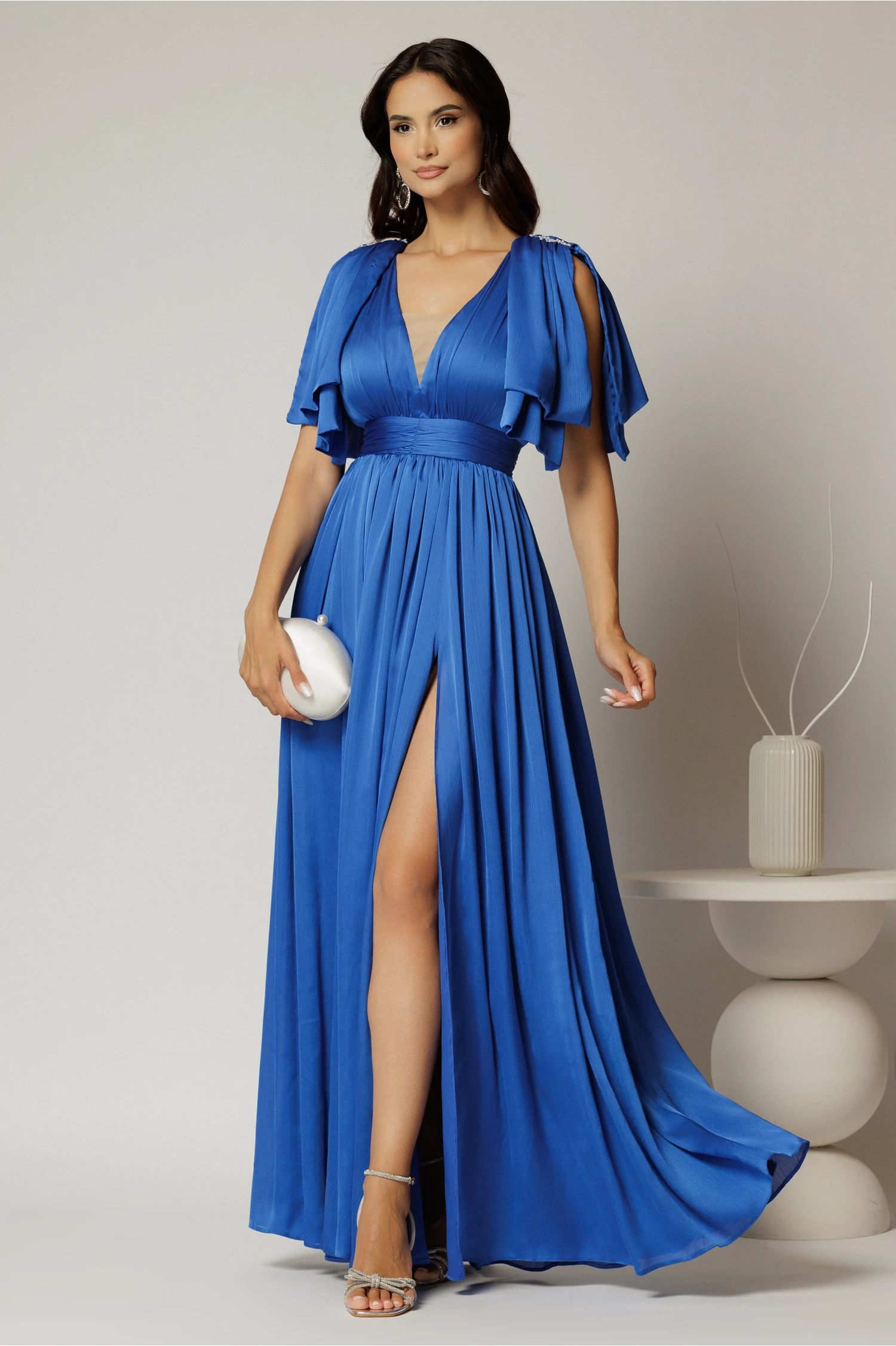 Rochie DY Fashion albastra lunga de seara cu decolteu adanc si funde ample