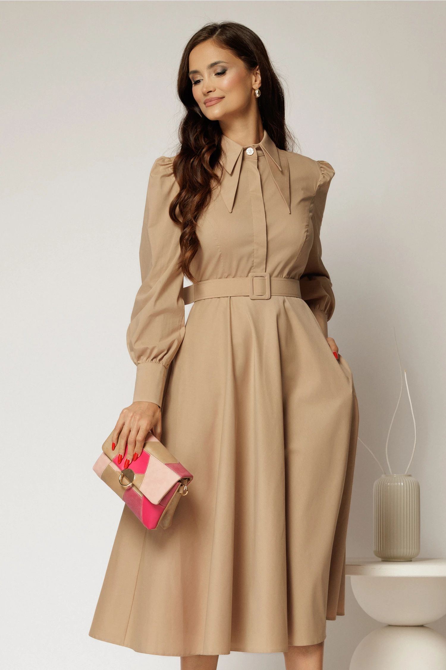 Rochie DY Fashion bej din poplin cu guler dublu si curea in talie