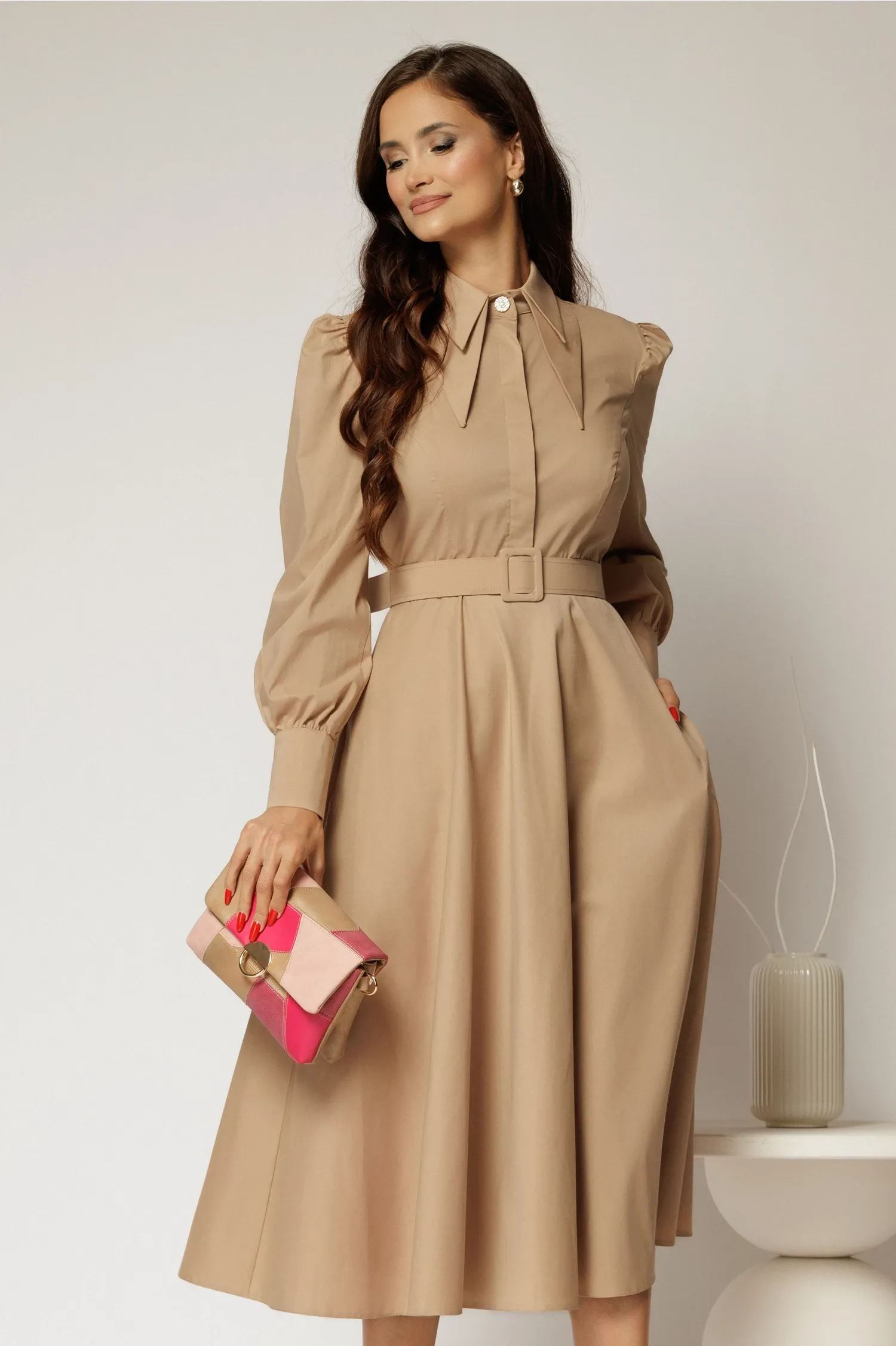 Rochie DY Fashion bej din poplin cu guler dublu si curea in talie 1