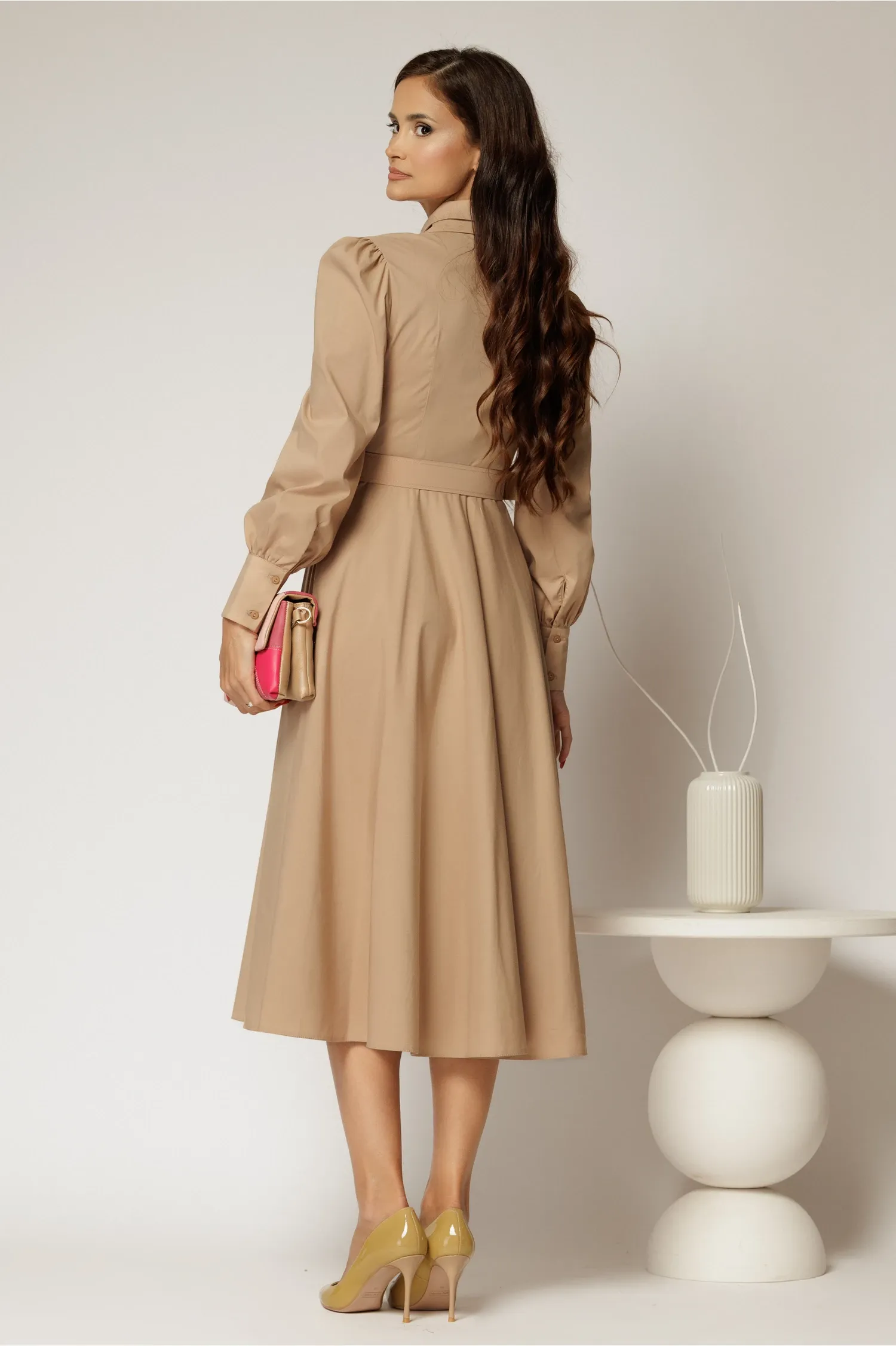 Rochie DY Fashion bej din poplin cu guler dublu si curea in talie 2