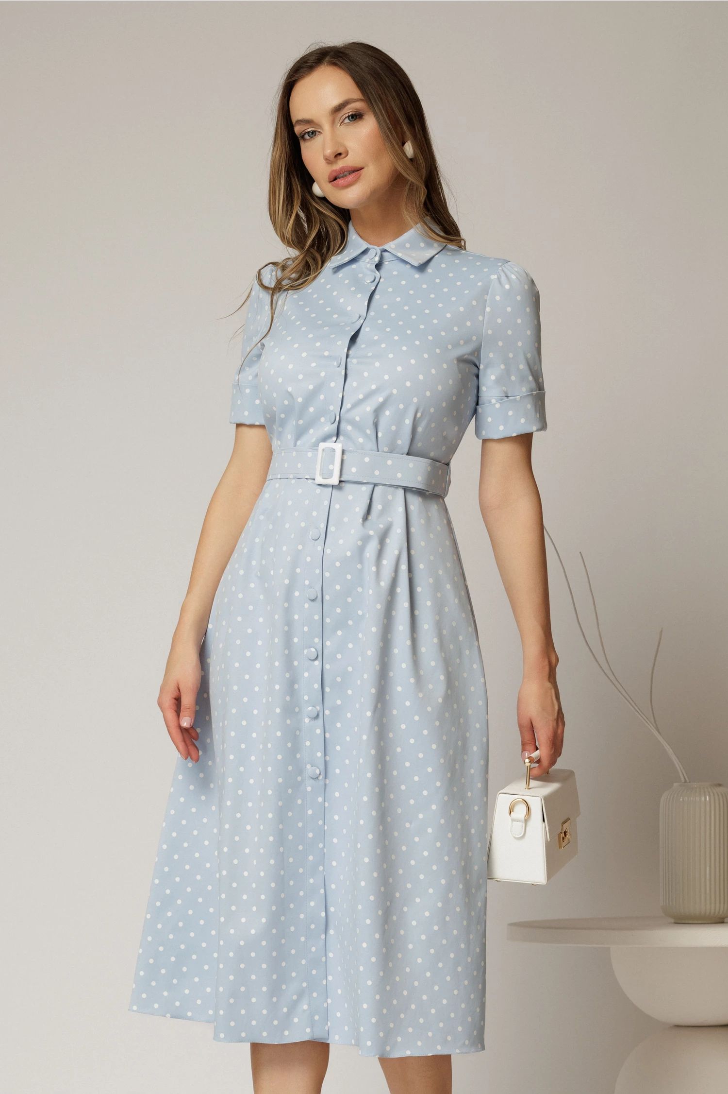 Rochie DY Fashion bleu cu buline tip camasa si curea in talie